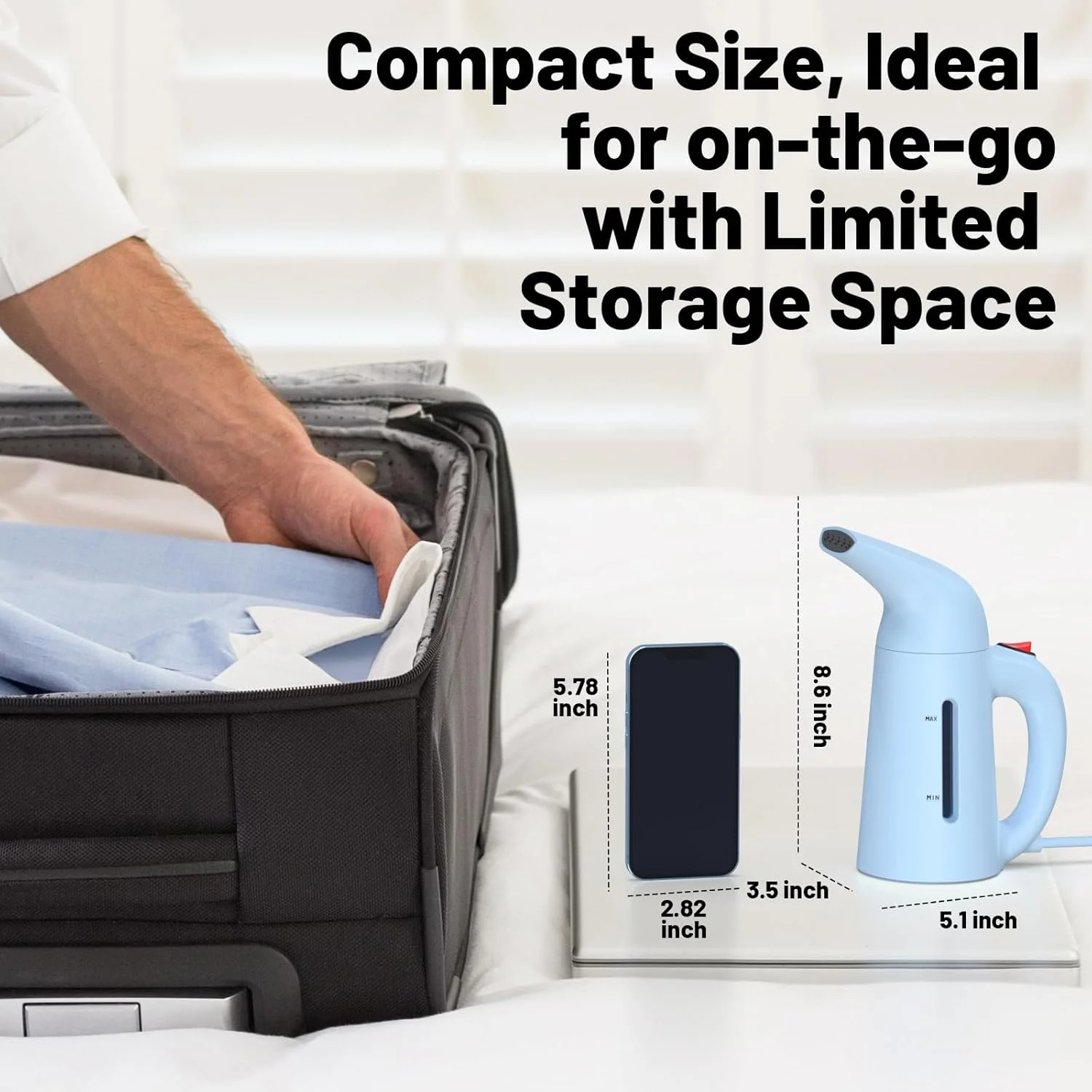بخارگر دستی لباس، بخارگر قابل حمل برای از بین بردن چروک لباس، مخزن آب 230 میلی لیتری، 12 دقیقه بخار مداوم، سیم 2.3 متری، ایده آل برای تمام پارچه ها، طراحی تک دکمه ای (آبی)