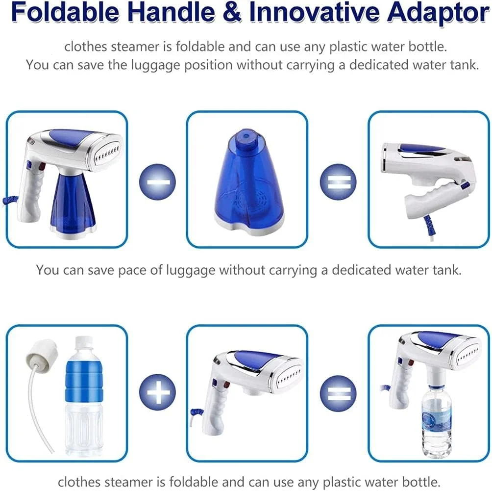 بخارگر لباس، بخارگر دستی 1600 واتی با مخزن آب 250 میلی لیتری، بخارگر قابل حمل با گرم شدن سریع با اتصال بطری آب/برس و غیره، محافظت در برابر قطع برق برای مسافرت، خانه و دفتر (EU)