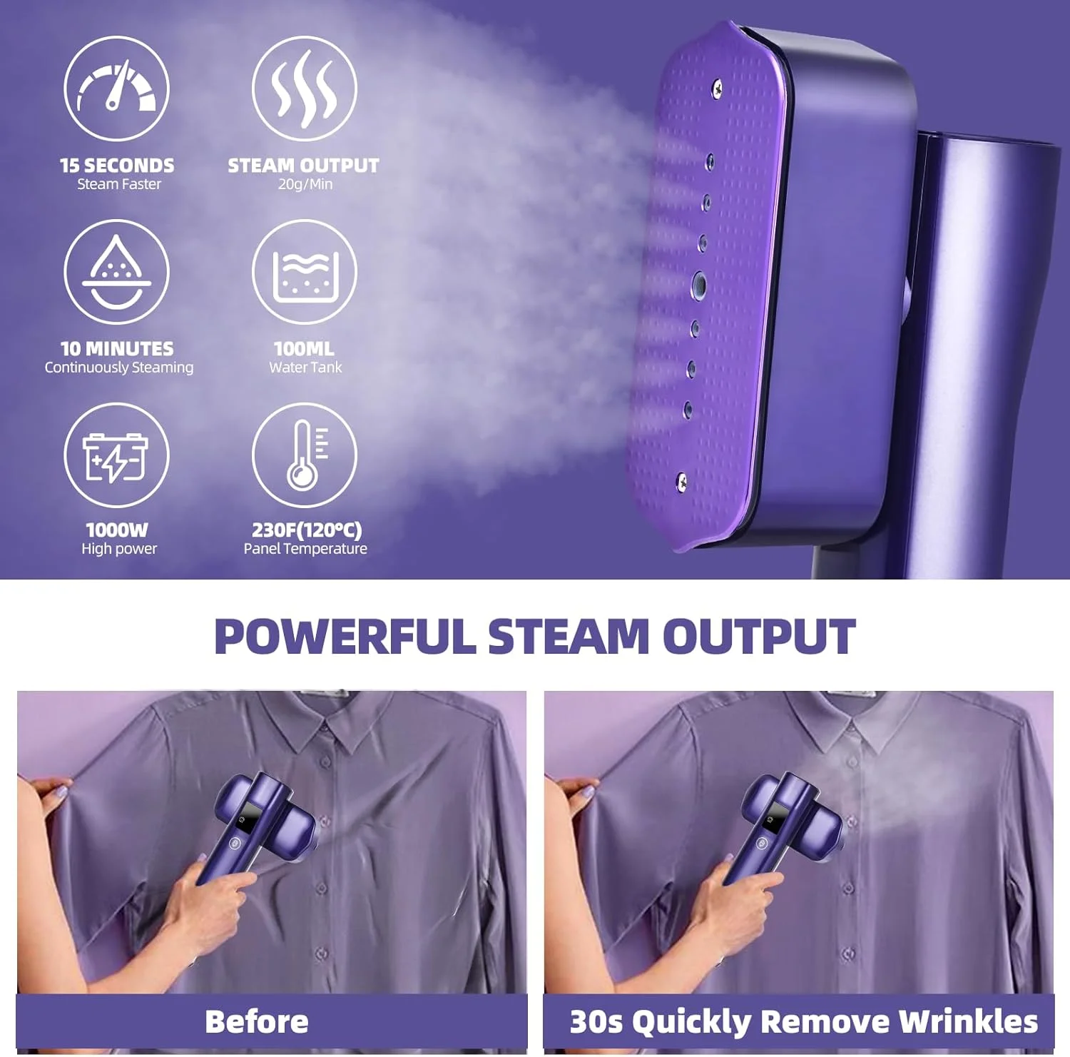 بخارگر لباس، بخارگر لباس قابل حمل 1000 وات، اتو بخارگر لباس، مخزن آب 100 میلی لیتری، خروجی بخار قدرتمند 20 گرم در دقیقه، اتو بخارگر چرخشی دستی (بنفش)