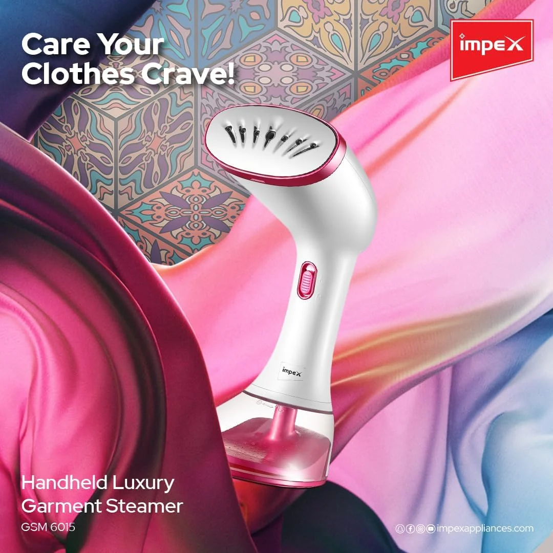 بخارگر دستی لباس ایمپکس، توان 1640 وات، پیش گرمایش 38 ثانیه، نرخ بخار 3 سطح (25g/20g/15g در دقیقه)، مخزن آب 360 میلی لیتر، استفاده مداوم 15 دقیقه، کفی با روکش سرامیکی، برس دستی شامل - GSM 6015
