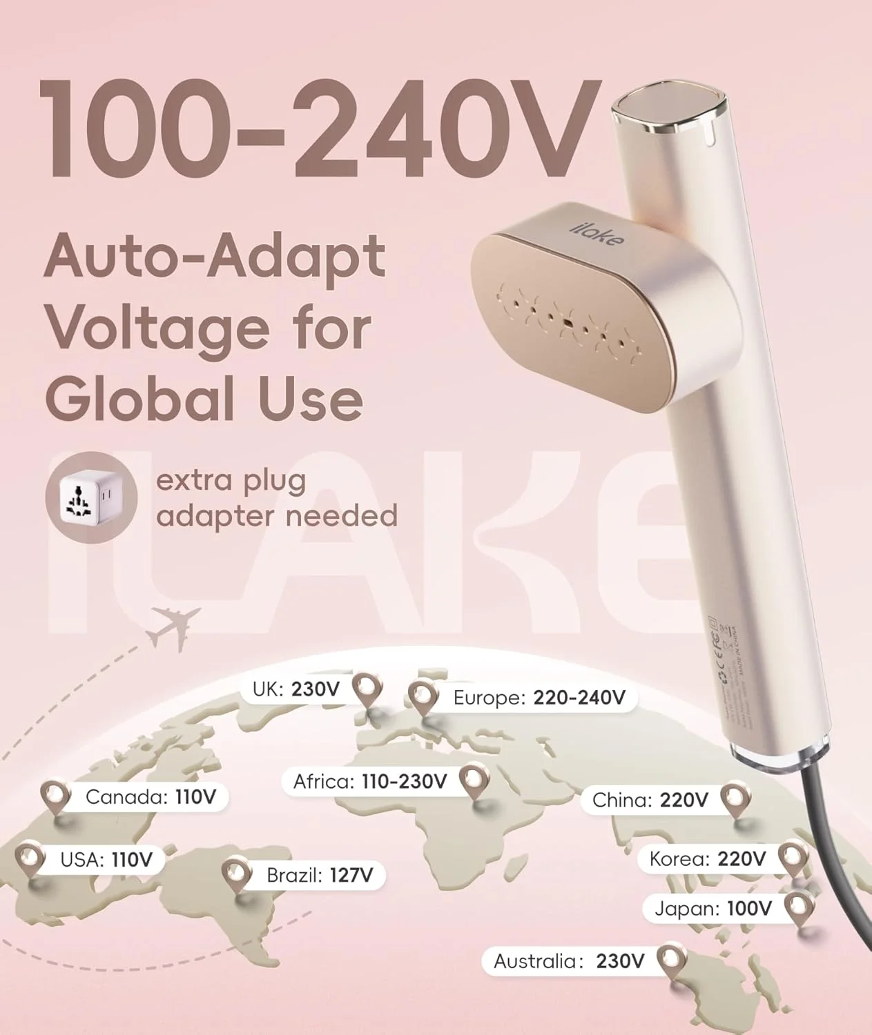 بخارگر مسافرتی لباس Ilake، 100-240 ولت، بخارگر قابل حمل دو ولتاژ، بخارگر و اتو دستی سایز مسافرتی 1000 وات 2 در 1 برای مسافرت های جهانی و اروپا، کار، خانه، رزگلد