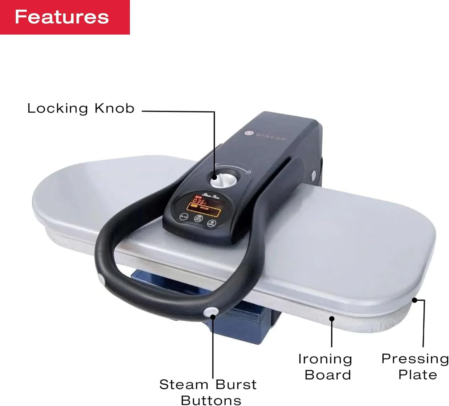 اتوی پرس بخار هوشمند SINGER (۱۵۰۰ وات) | اتوی بخار حرفه ای با صفحه پرس نچسب ۲۶ اینچی، کنترل های دیجیتال با ۵ تنظیمات پارچه، خاموش شدن خودکار و ظرفیت مخزن ۸۰۰ میلی لیتر – نقره ای/مشکی