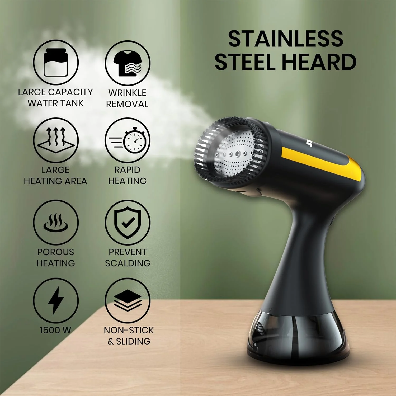 بخارگر دستی لباس 1500 واتی Jinou - بخارگر قابل حمل لباس با صفحه بخار استیل ضد زنگ، مخزن جداشدنی 300 میلی لیتری، گرم شدن سریع 20 ثانیه ای - ایده آل برای خانه، مسافرت، پرده، رختخواب - دارای دستکش رایگان