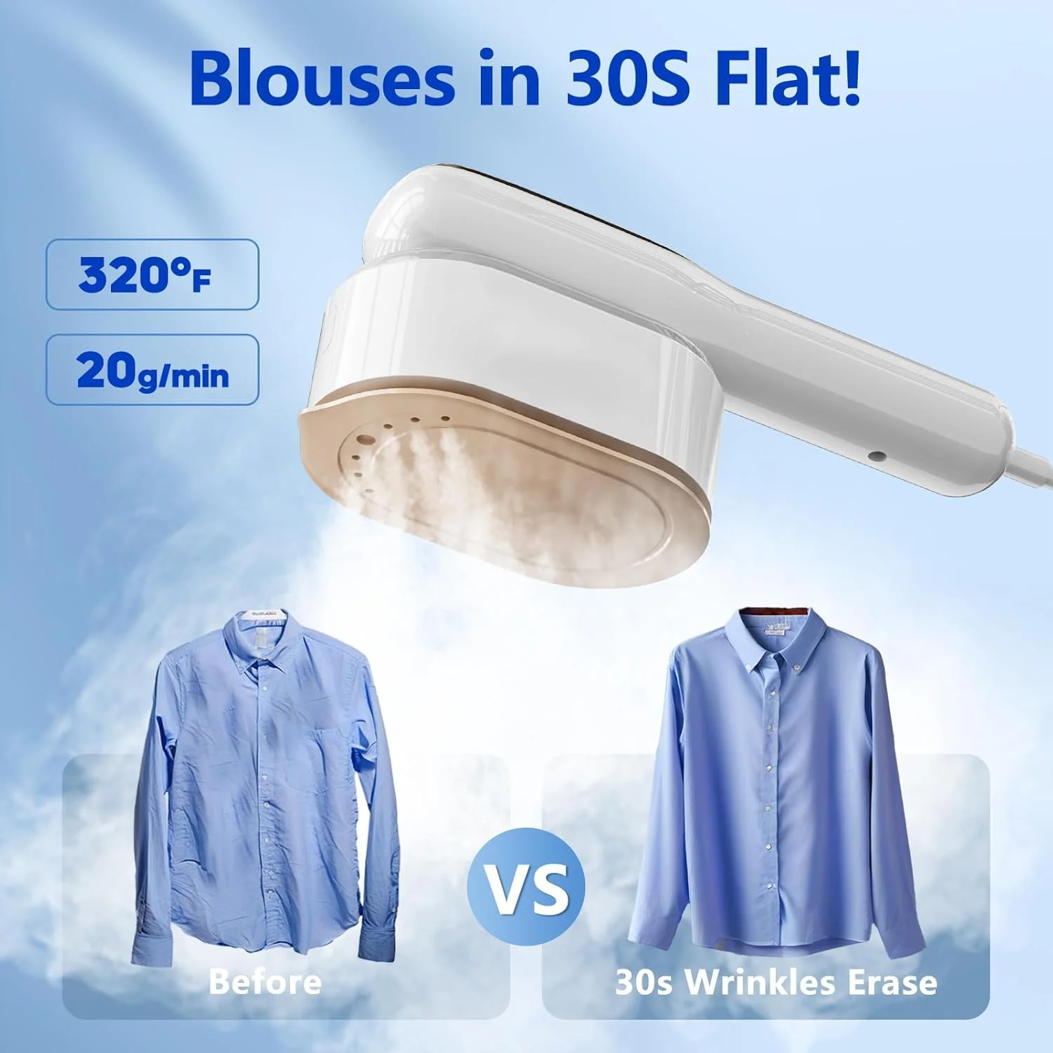 بخارشوی لباس قابل حمل، بخارشوی دستی لباس با 5 حالت و صفحه نمایش هوشمند، گرم شدن سریع 15 ثانیه ای، عملکرد دوگانه مرطوب و خشک برای رفع چروک، مناسب برای استفاده در منزل و مسافرت (سفید چینی)