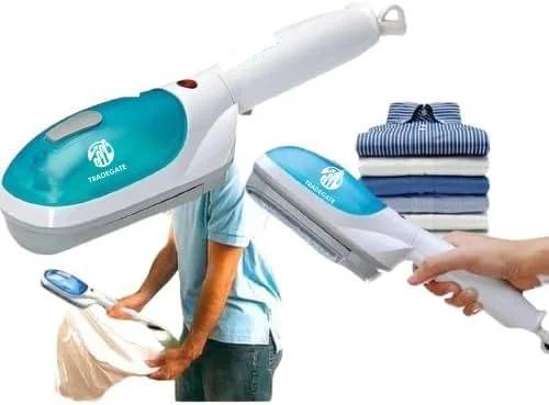 اتو بخار مسافرتی قابل حمل با برس‌های متعدد، سفید و فیروزه‌ای، بخارگر دستی لباس