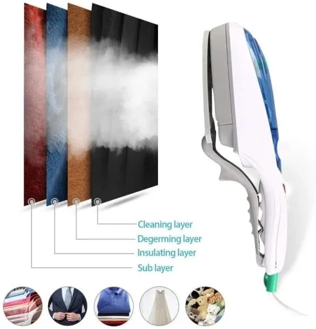 بخارگر دستی قابل حمل لباس، صفحه سرامیکی، دمای قابل تنظیم، طول 380 میلی متر، آبی و سفید