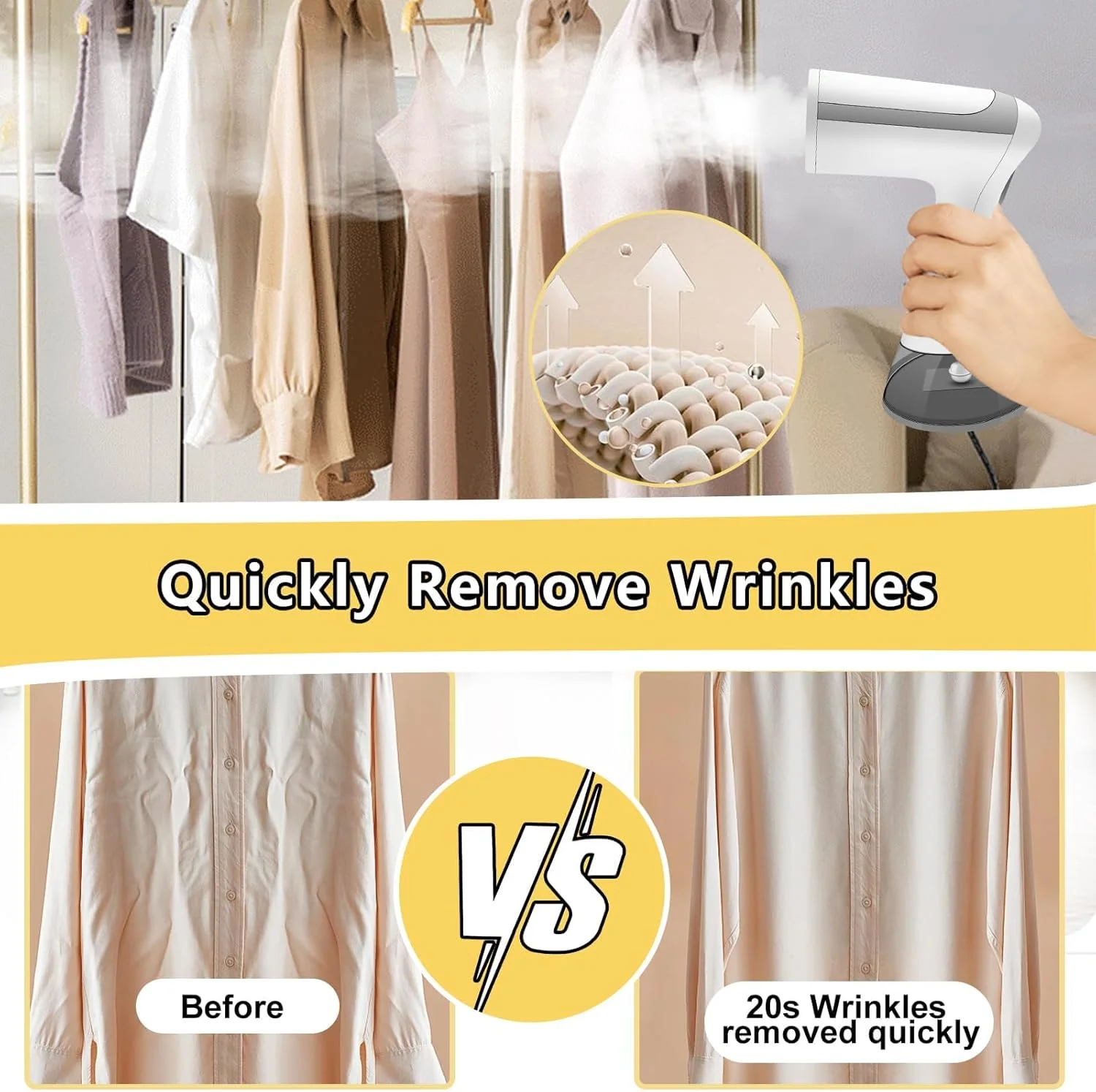 بخارگر دستی لباس قدرتمند 1500 واتی - گرم شدن سریع در 20 ثانیه، بخارگر قابل حمل و کارآمد برای مسافرت، خانه، محل کار با مخزن آب جداشدنی 300 میلی لیتری (سفید) - ایده آل برای لباس های بدون چروک