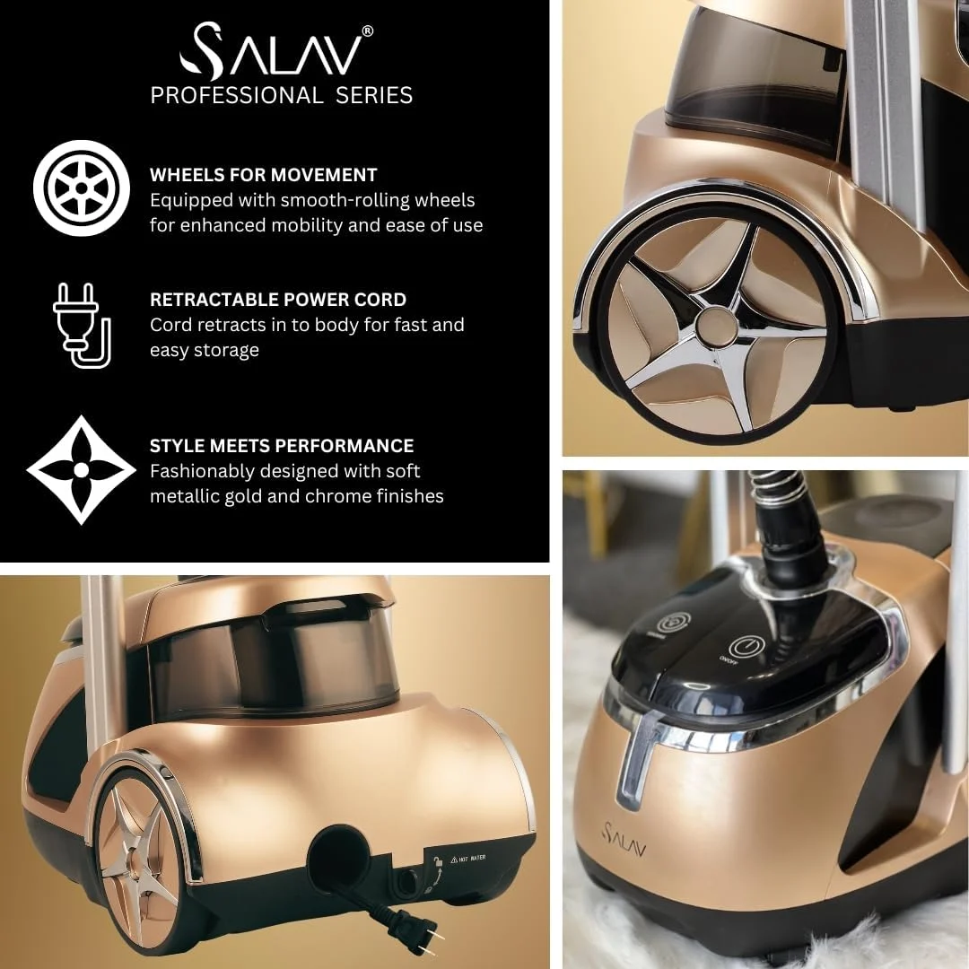 بخارگر لباس ایستاده حرفه ای SALAV با سیم جمع شونده، کنترل پدالی پا، چرخ برای حرکت آسان تر (طلایی)