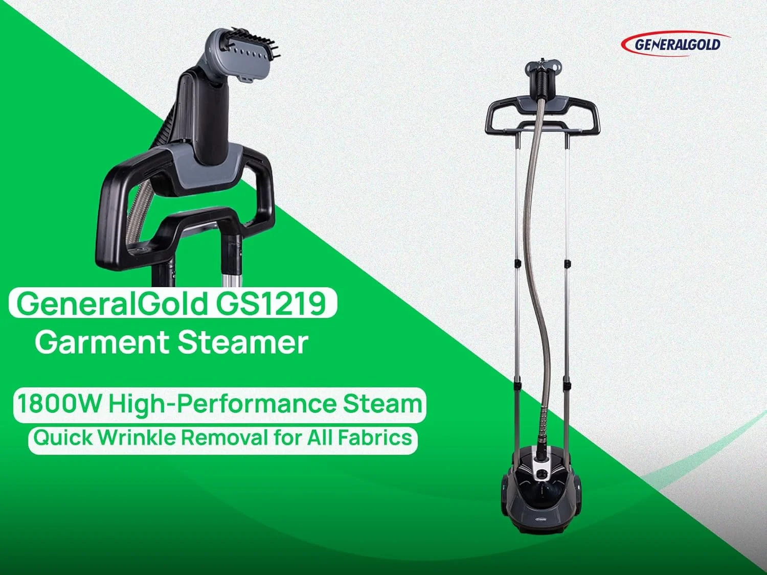 بخارگر ایستاده حرفه ای لباس جنرال گلد 1800 وات، بخارگر عمودی لباس با مخزن 2.6 لیتری، سطوح بخار قابل تنظیم برای ابریشم، پنبه، کتان، عبا و کندوره