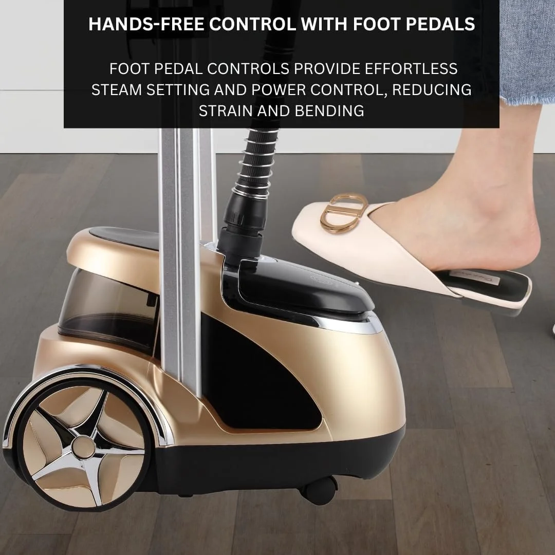 بخارگر لباس ایستاده حرفه ای SALAV با سیم جمع شونده، کنترل پدالی پا، چرخ برای حرکت آسان تر (طلایی)
