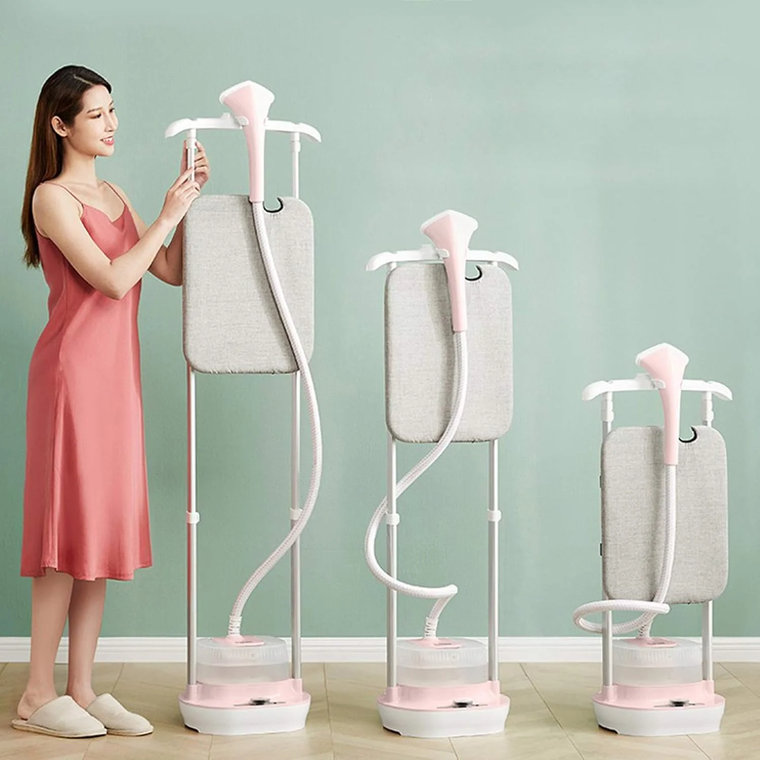 بخارگر عمودی حرفه ای لباس - تلسکوپی دو میله ای 2000 وات، اتو کشی کوچک دستی با صفحه اتو داخلی و مخزن آب 2.5 لیتری برای مصارف خانگی و تجاری (پنل صورتی)