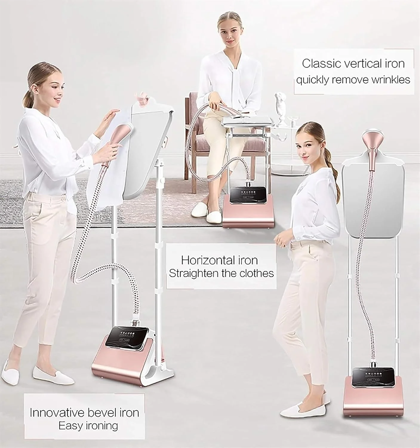 بخارگر عمودی حرفه ای لباس - دو میله ای با اندازه کامل 1800 وات، اتوکشی دستی کوچک با میز اتو داخلی و مخزن آب 2.4 لیتری