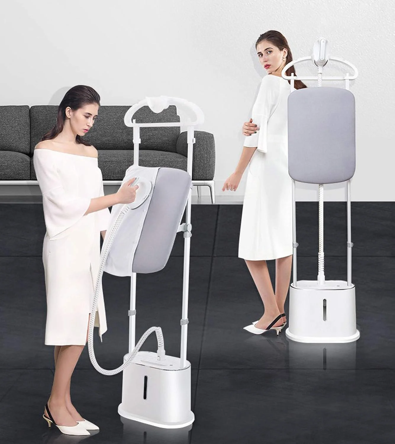 بخارگر حرفه ای لباس ایستاده دو میله ای قابل کشش با مخزن آب 2 لیتری، دارای تخته اتو و آویز لباس، مناسب مصارف خانگی، 1800 وات، اتو کوچک دستی