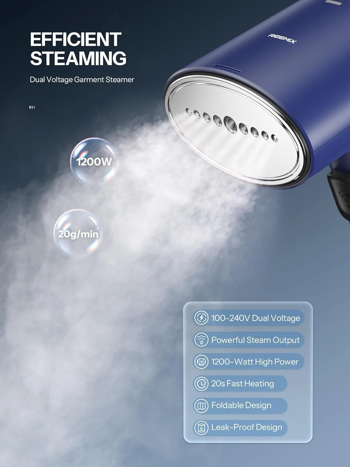 بخارگر مسافرتی لباس، بخارگر لباس Reemix با ولتاژ دوگانه 100-240 ولت برای استفاده در سراسر جهان، از بین برنده چروک تاشو و اتو بخار 2 در 1، گرم شدن سریع 20 ثانیه ای (آبی)