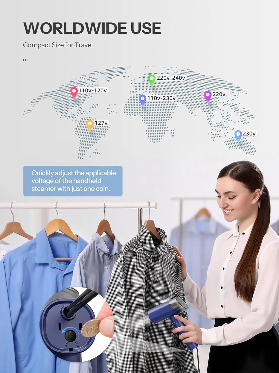 بخارگر مسافرتی لباس، بخارگر لباس Reemix با ولتاژ دوگانه 100-240 ولت برای استفاده در سراسر جهان، از بین برنده چروک تاشو و اتو بخار 2 در 1، گرم شدن سریع 20 ثانیه ای (آبی)