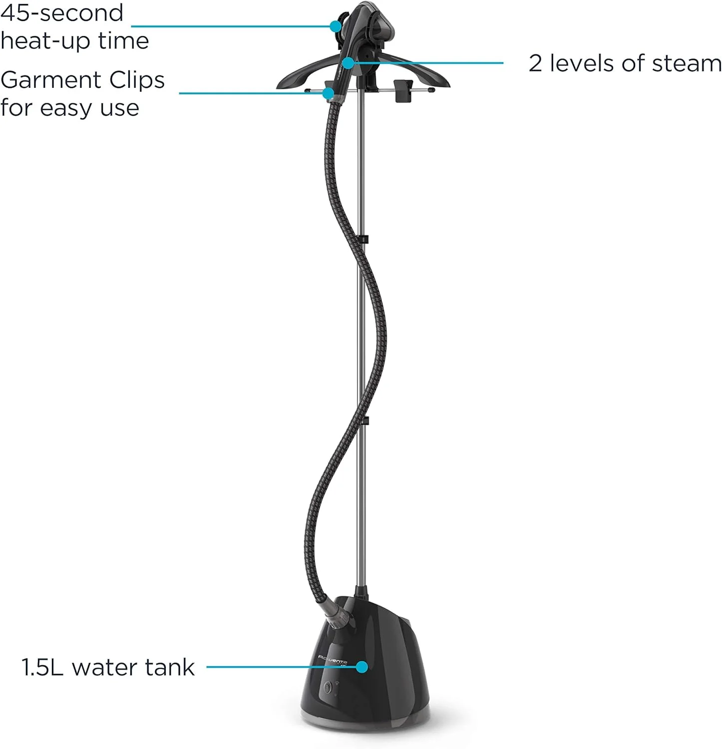 بخارگر لباس روونتا مدل Pro Style، بخارگر ایستاده با گرم شدن سریع 45 ثانیه ای و مخزن آب جداشدنی 1.5 لیتری، 1500 وات، دارای گیره برای آویزان کردن لباس، اتوکشی، بخارگر لباس مشکی، IS2461