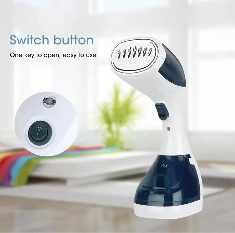 بخارگر دستی لباس SAFENHAND، 1100 وات، مخزن آب 200 میلی لیتری، با دکمه جت بخار و پرزگیر، سفید و آبی بخارگر دستی لباس SAFENHAND، 1100 وات، مخزن آب 200 میلی لیتری، با دکمه جت بخار و پرزگیر، سفید و آبی