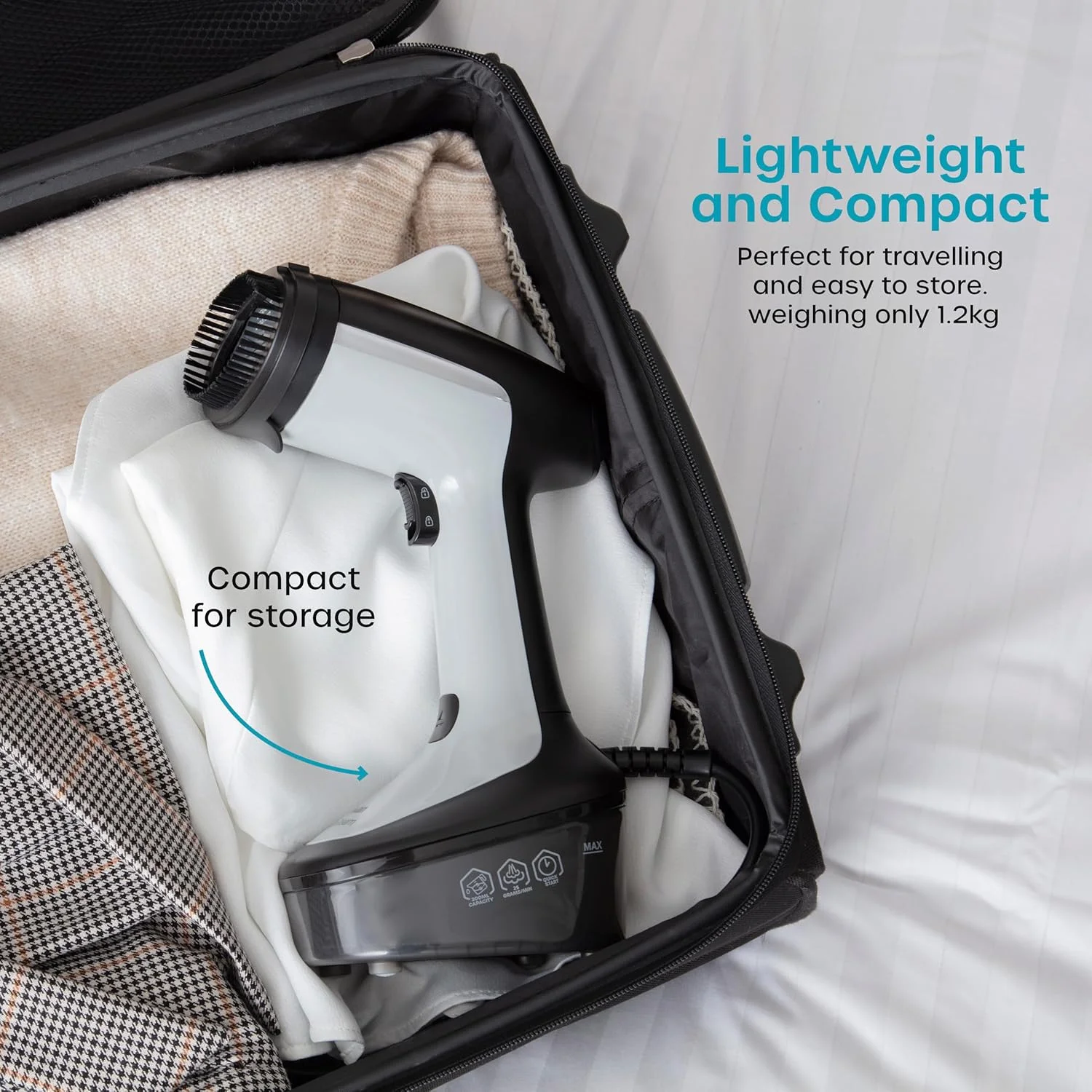 بخارگر لباس قابل حمل سوان مدل SI12022N، سبک وزن، بخار جت، صفحه بخار با روکش سرامیکی سازگار با پارچه، از بین برنده باکتری و بو، 1500 وات، مخزن آب 300 میلی لیتری، میزان بخار 25 گرم در دقیقه، مشکی بخارگر لباس قابل حمل سوان مدل SI12022N، سبک وزن، بخار جت، صفحه بخار با روکش سرامیکی سازگار با پارچه، از بین برنده باکتری و بو، 1500 وات، مخزن آب 300 میلی لیتری، میزان بخار 25 گرم در دقیقه، مشکی