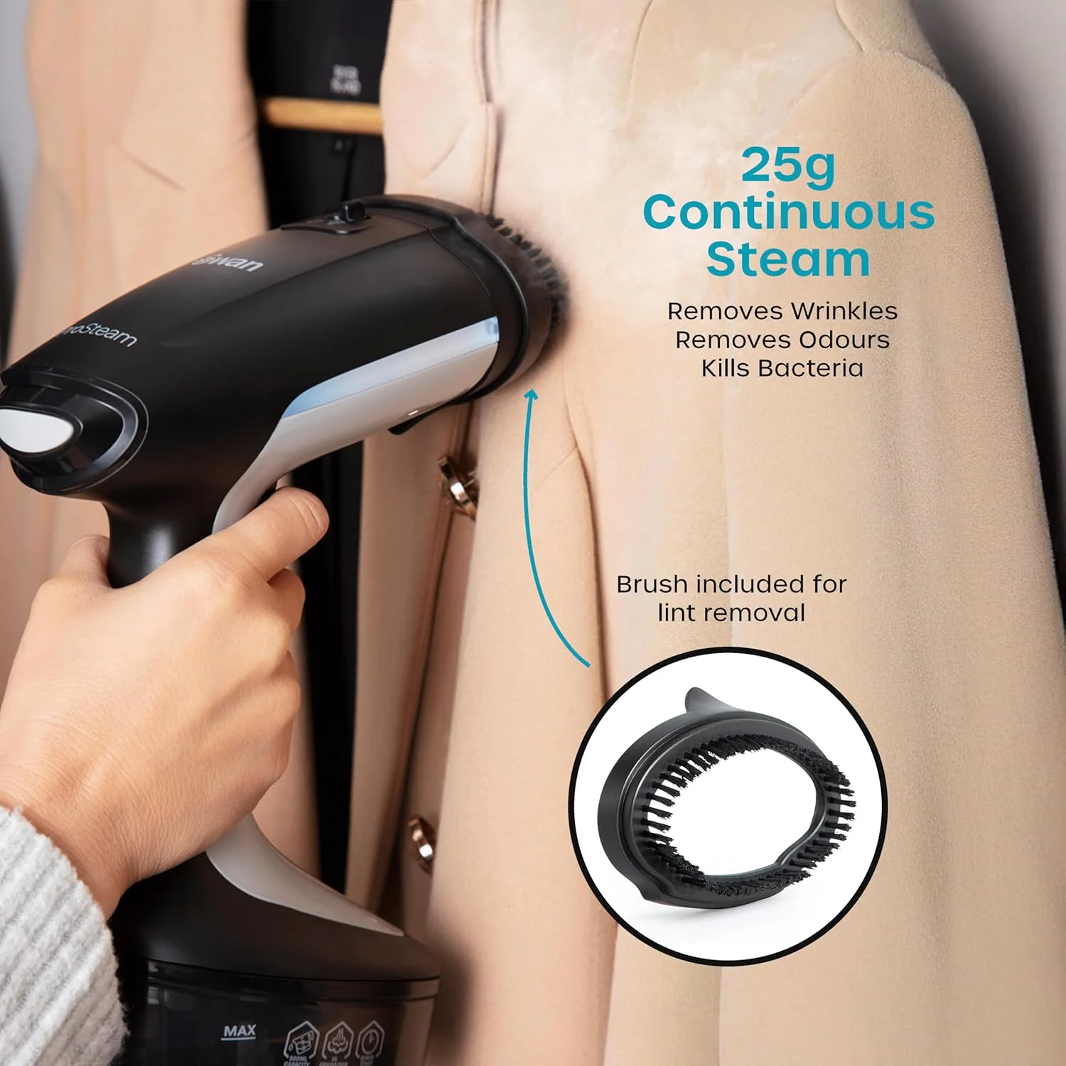 بخارگر لباس قابل حمل سوان مدل SI12022N، سبک وزن، بخار جت، صفحه بخار با روکش سرامیکی سازگار با پارچه، از بین برنده باکتری و بو، 1500 وات، مخزن آب 300 میلی لیتری، میزان بخار 25 گرم در دقیقه، مشکی بخارگر لباس قابل حمل سوان مدل SI12022N، سبک وزن، بخار جت، صفحه بخار با روکش سرامیکی سازگار با پارچه، از بین برنده باکتری و بو، 1500 وات، مخزن آب 300 میلی لیتری، میزان بخار 25 گرم در دقیقه، مشکی