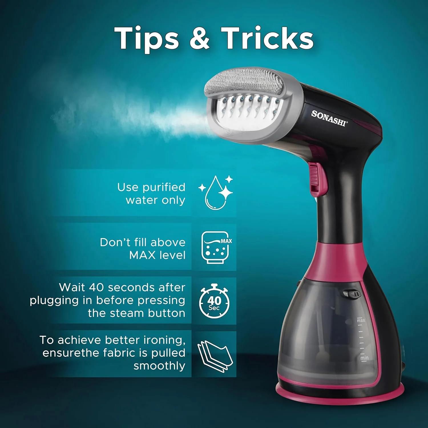 بخارگر دستی لباس سوناشی، با مخزن آب جداشدنی 280 میلی لیتری، میزان بخار 25-30 گرم در دقیقه، قفل بخار، طراحی جمع و جور، لوازم جانبی متنوع، بخارگر قابل حمل 1500 وات مدل SGS-327 مشکی/بنفش