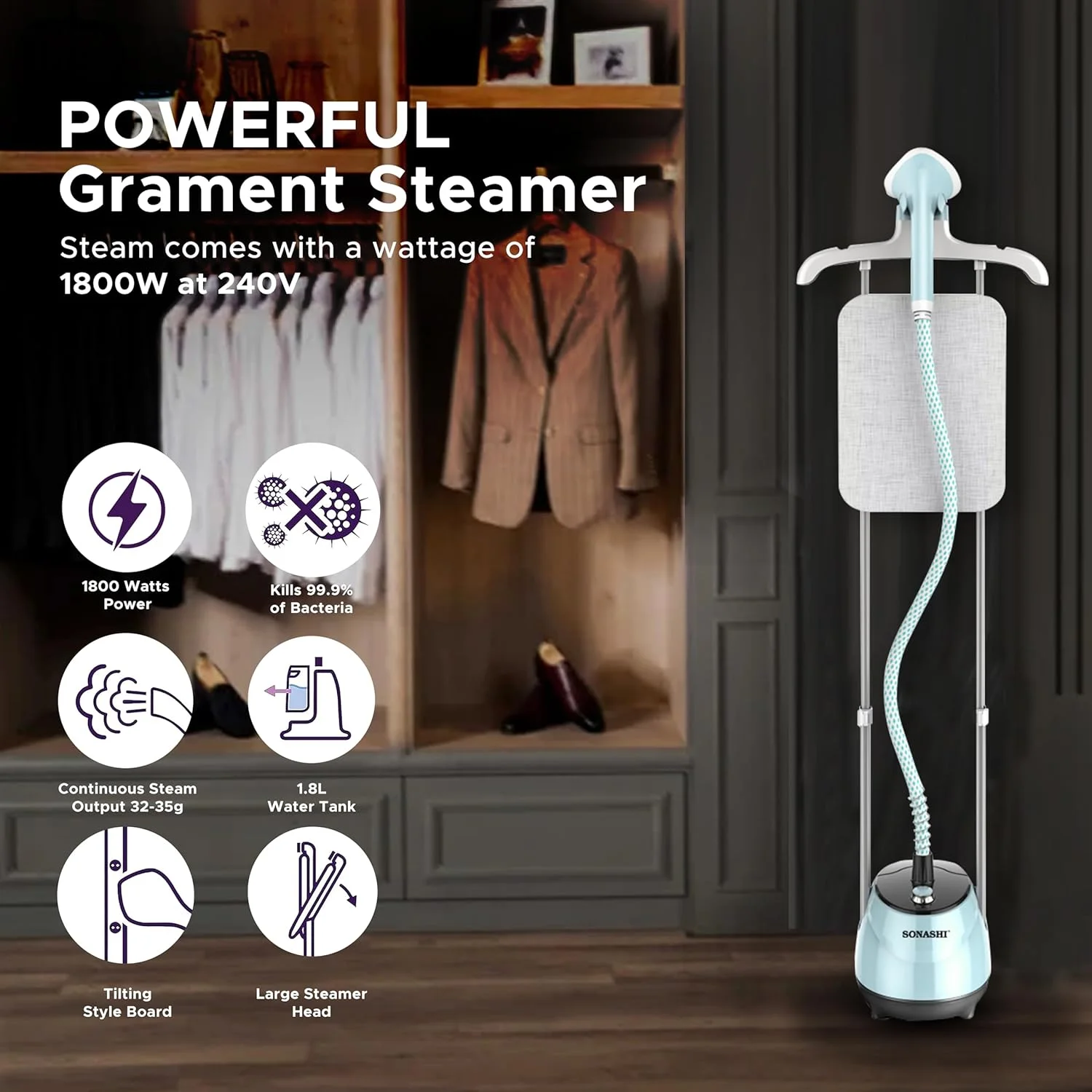 بخارگر لباس سوناشی 1.8 لیتری با جریان بخار 35 گرم در دقیقه، کنترل مکانیکی و محافظت در برابر گرمای بیش از حد | کارکرد مداوم به مدت 60 دقیقه | ارتفاع قابل تنظیم - تخته اتو - آویز میله ای | 1800 وات SGS-325 آبی بخارگر لباس سوناشی 1.8 لیتری با جریان بخار 35 گرم در دقیقه، کنترل مکانیکی و محافظت در برابر گرمای بیش از حد | کارکرد مداوم به مدت 60 دقیقه | ارتفاع قابل تنظیم - تخته اتو - آویز میله ای | 1800 وات SGS-325 آبی