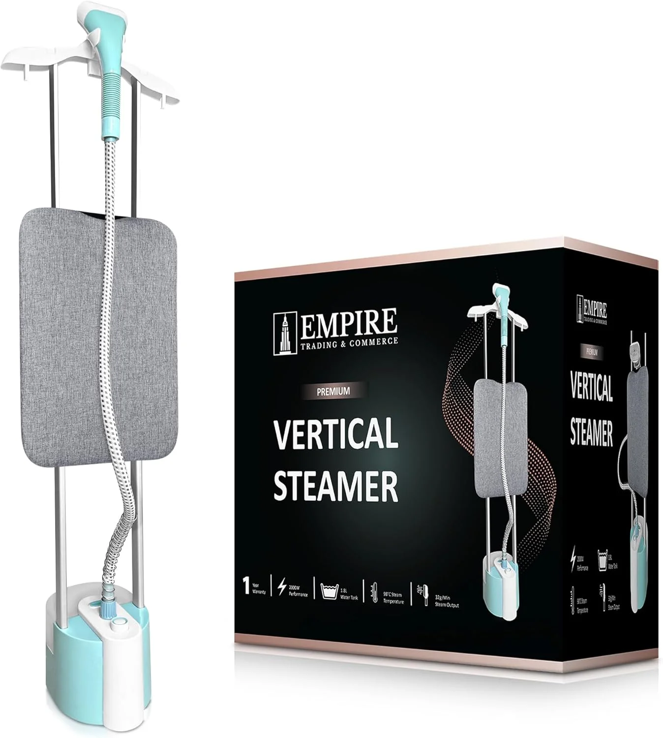 بخارگر ایستاده لباس Empire با توان 2000 وات، خروجی بخار 32 گرم در دقیقه به همراه آویز لباس، گرم شدن سریع با 2 حالت بخار، مخزن آب 1.8 لیتری، بخارگر لباس سایز بزرگ با میز اتو عمودی (سفید) بخارگر ایستاده لباس Empire با توان 2000 وات، خروجی بخار 32 گرم در دقیقه به همراه آویز لباس، گرم شدن سریع با 2 حالت بخار، مخزن آب 1.8 لیتری، بخارگر لباس سایز بزرگ با میز اتو عمودی (سفید)