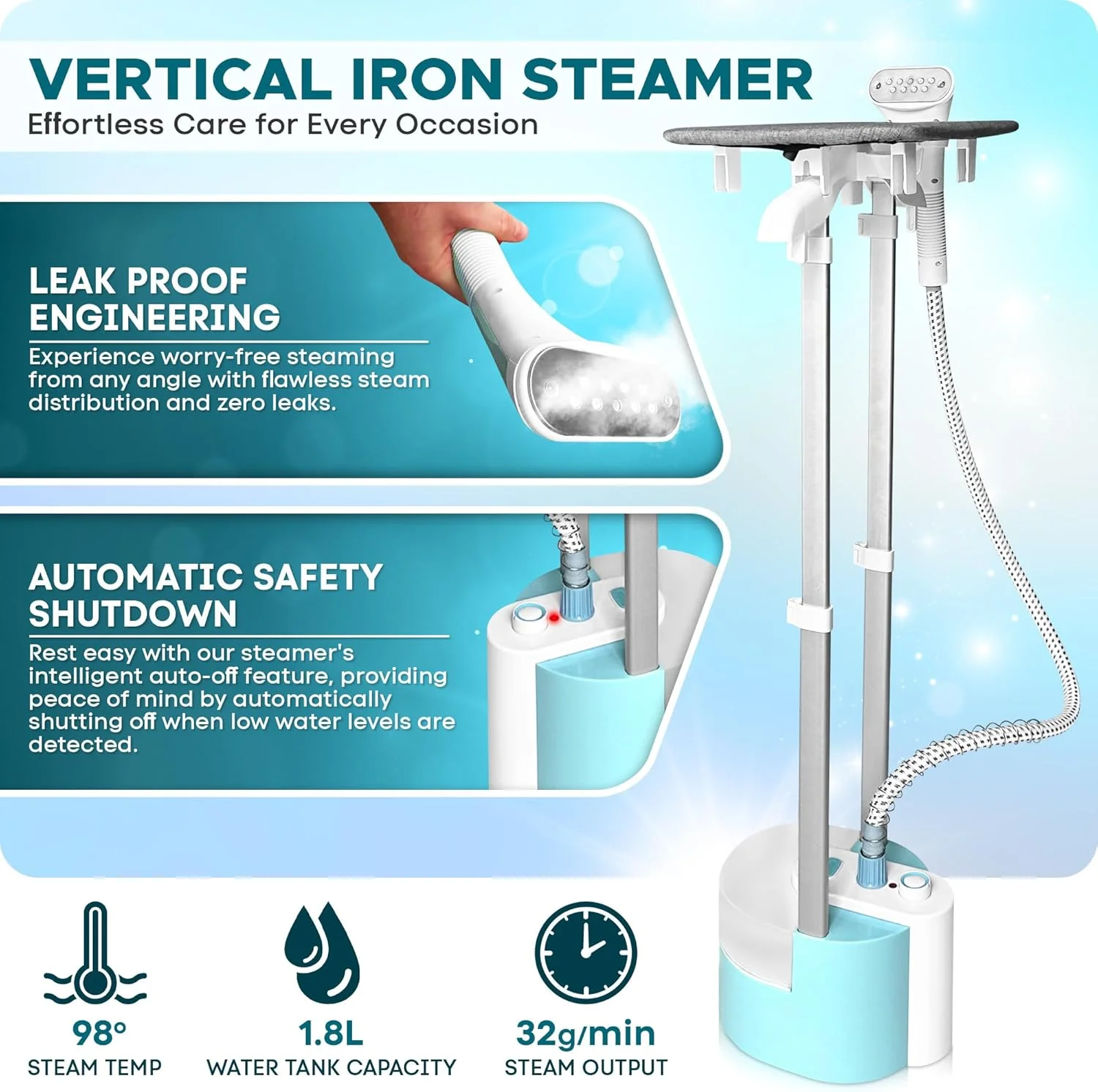 بخارگر ایستاده لباس Empire با توان 2000 وات، خروجی بخار 32 گرم در دقیقه به همراه آویز لباس، گرم شدن سریع با 2 حالت بخار، مخزن آب 1.8 لیتری، بخارگر لباس سایز بزرگ با میز اتو عمودی (سفید) بخارگر ایستاده لباس Empire با توان 2000 وات، خروجی بخار 32 گرم در دقیقه به همراه آویز لباس، گرم شدن سریع با 2 حالت بخار، مخزن آب 1.8 لیتری، بخارگر لباس سایز بزرگ با میز اتو عمودی (سفید)