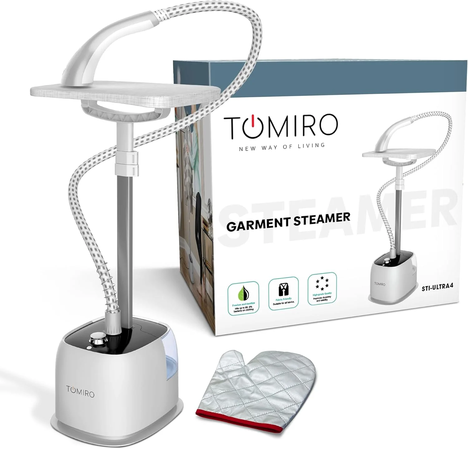 بخارگر ایستاده لباس TOMIRO با توان 2200 وات و مخزن 1.6 لیتری به همراه میز اتو، دارای 10 سطح تنظیم، نفوذ قوی بخار، رفع چروک، مناسب برای منزل، اداره و مسافرت