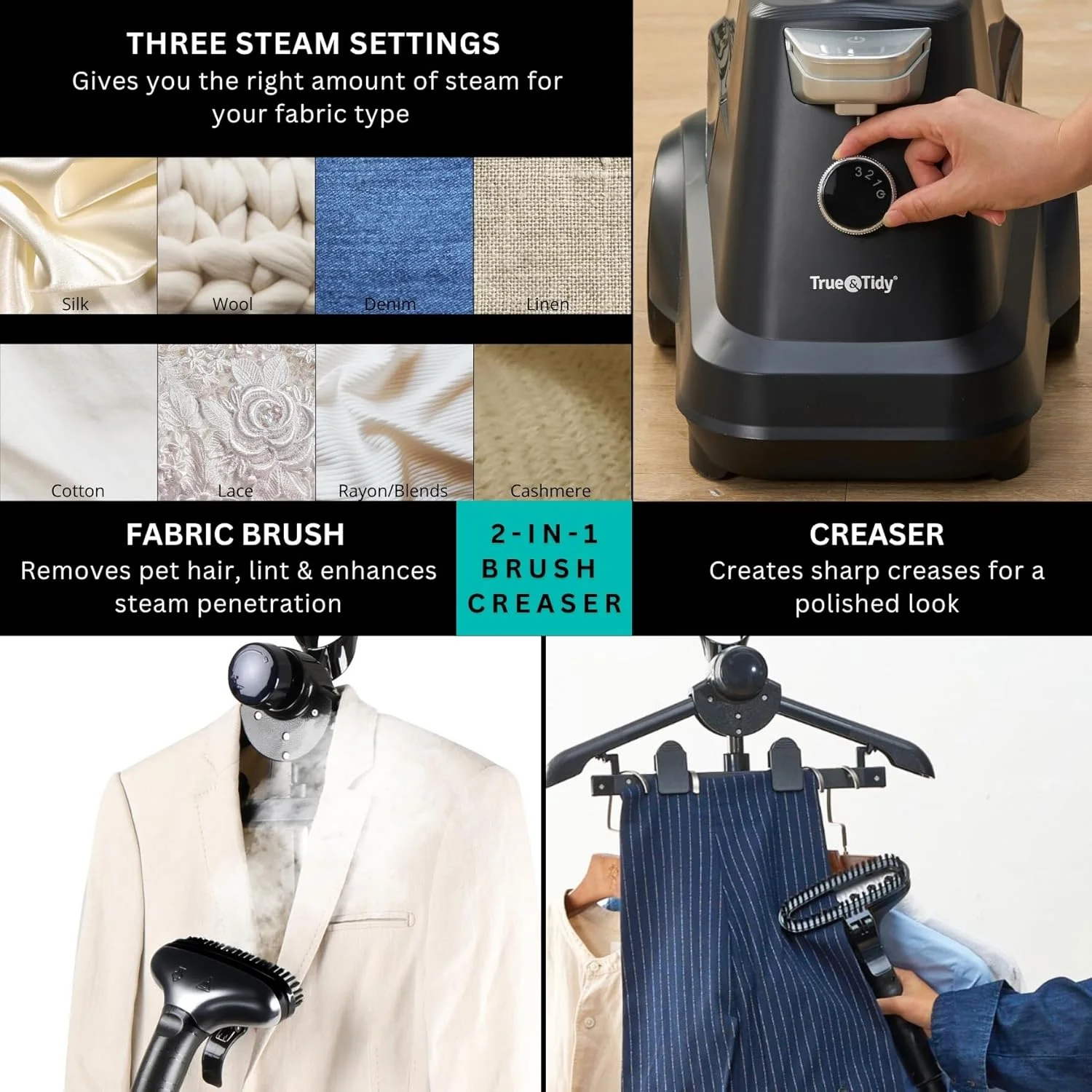 بخارگر ایستاده لباس True & Tidy® - بخارگر صنعتی لباس، 1800 وات، مخزن آب XL 3 لیتری با 90 دقیقه بخاردهی و 3 حالت بخار، کنترل روشن/خاموش و چرخ برای جابجایی آسان بخارگر ایستاده لباس True & Tidy® - بخارگر صنعتی لباس، 1800 وات، مخزن آب XL 3 لیتری با 90 دقیقه بخاردهی و 3 حالت بخار، کنترل روشن/خاموش و چرخ برای جابجایی آسان