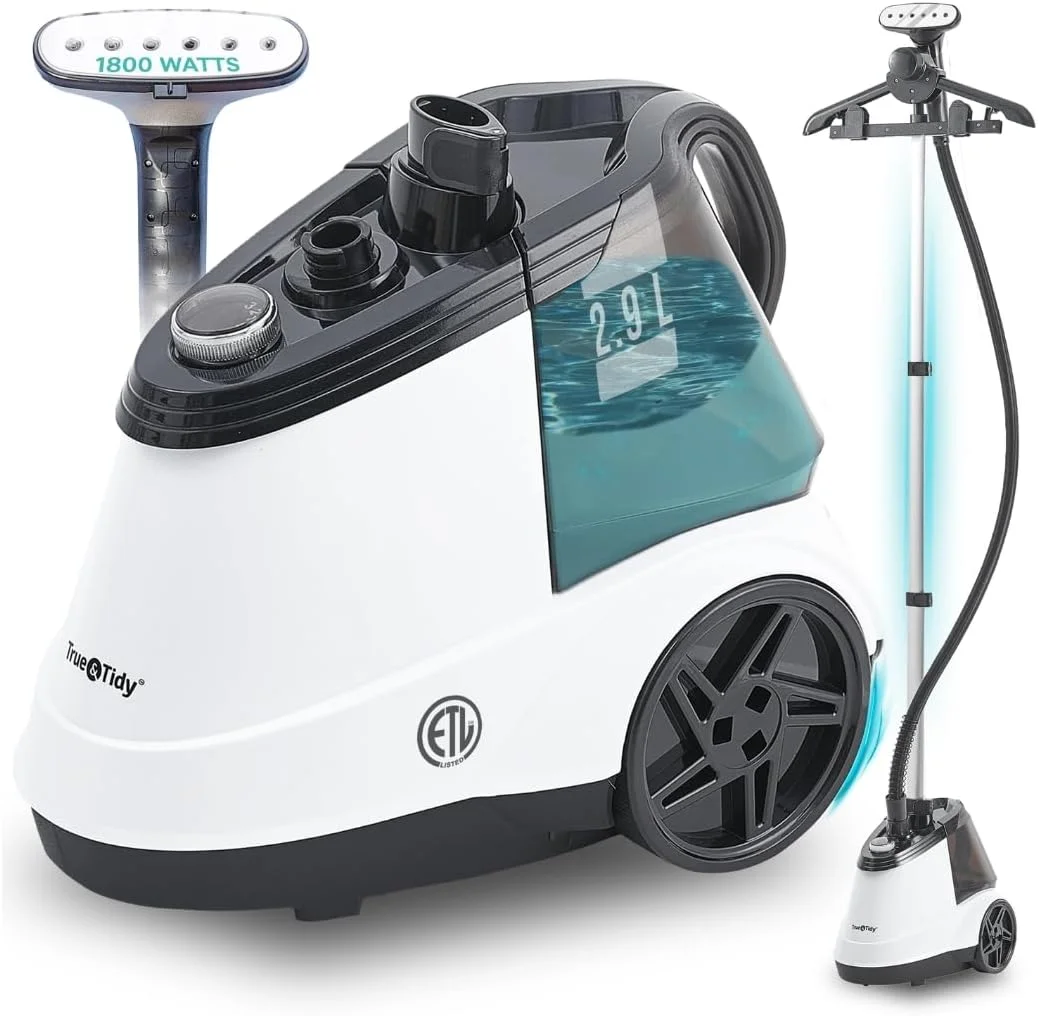 بخارگر ایستاده لباس True & Tidy®، با دوام و سنگین، با بیش از 90 دقیقه زمان بخاردهی، برای استفاده خانگی و تجاری، 1800 وات بخار قدرتمند، دارای چرخ برای جابجایی آسان، 3 حالت تنظیم
