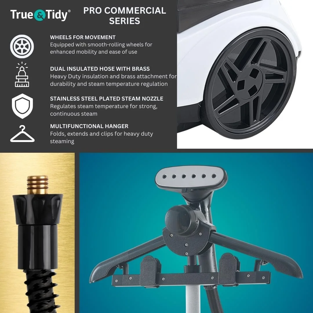 بخارگر ایستاده لباس True & Tidy®، با دوام و سنگین، با بیش از 90 دقیقه زمان بخاردهی، برای استفاده خانگی و تجاری، 1800 وات بخار قدرتمند، دارای چرخ برای جابجایی آسان، 3 حالت تنظیم