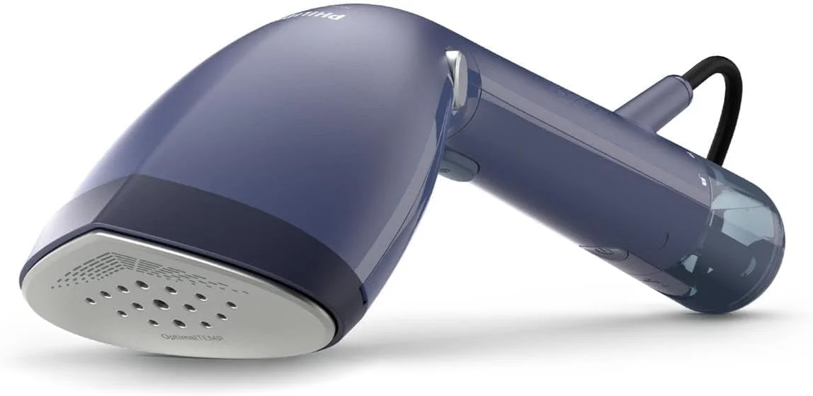 بخارگر دستی سری 7000 فیلیپس Versuni - 1500 وات، 28 گرم در دقیقه بخار مداوم. دمای مطلوب. صفحه فلزی، مخزن جداشدنی 100 میلی لیتری. دارای کیف مسافرتی، آبی عمیق (STH7020/20)