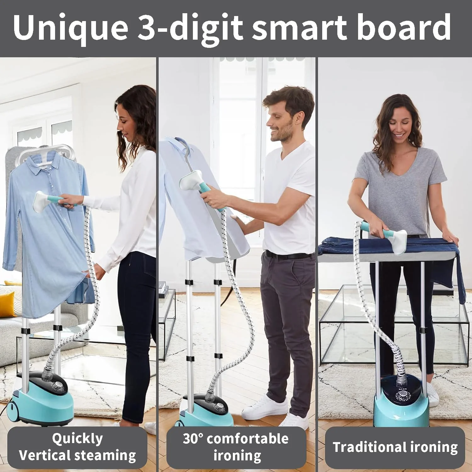 بخارگر لباس، بخارگر عمودی لباس با توان 2000 وات به همراه بخارگر با قابلیت تنظیم ارتفاع و تخته اتوی داخلی، مخزن آب بزرگ، اتو بخار، HD-688، رنگ آبی