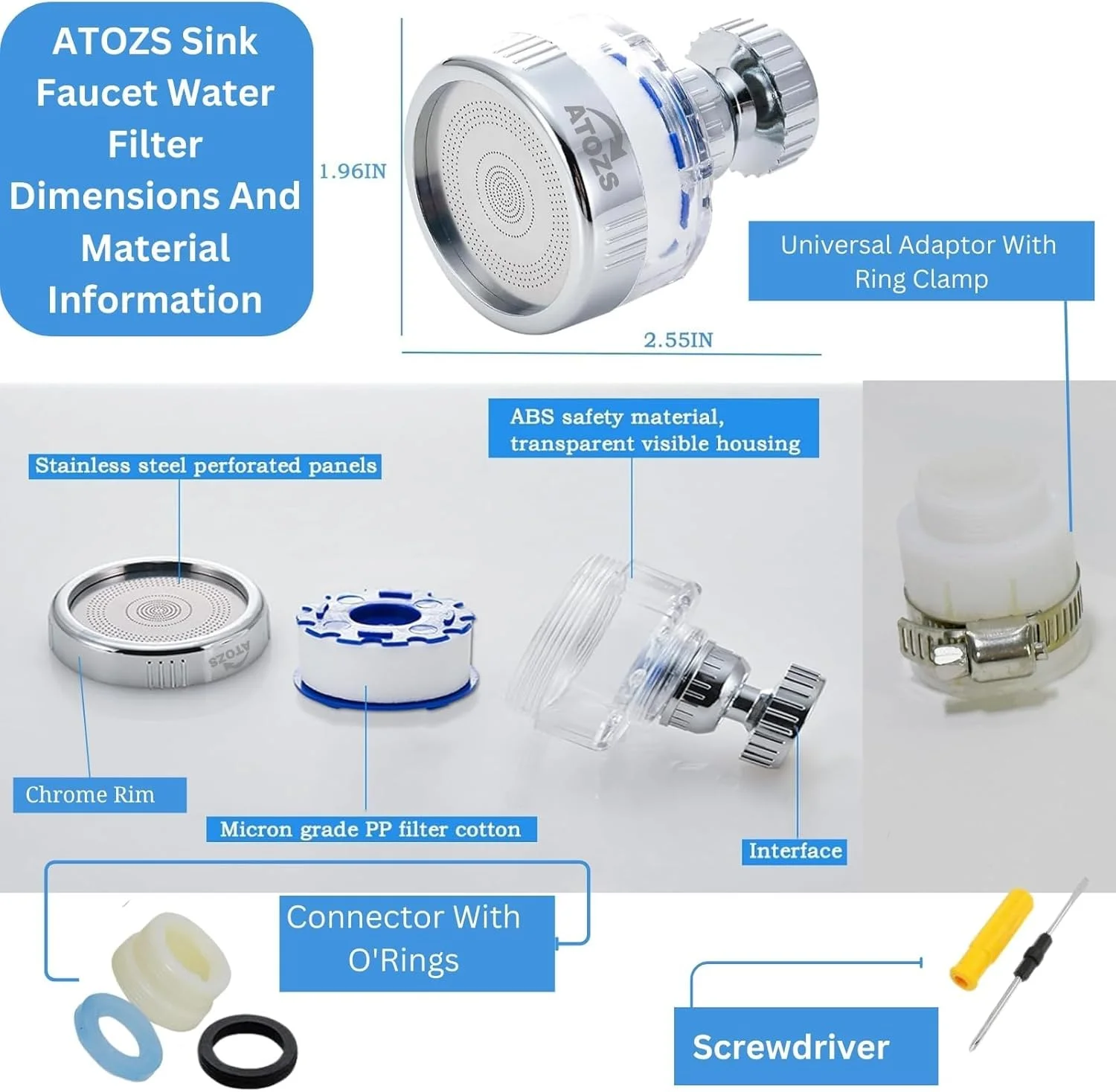 فیلتر آب شیر ظرفشویی ATOZS با دوام طولانی برای آشپزخانه و حمام، رسوبات آب سخت، کلر، فلزات سنگین و آلاینده های مضر را از بین می برد، مناسب برای پوست های حساس، کروم