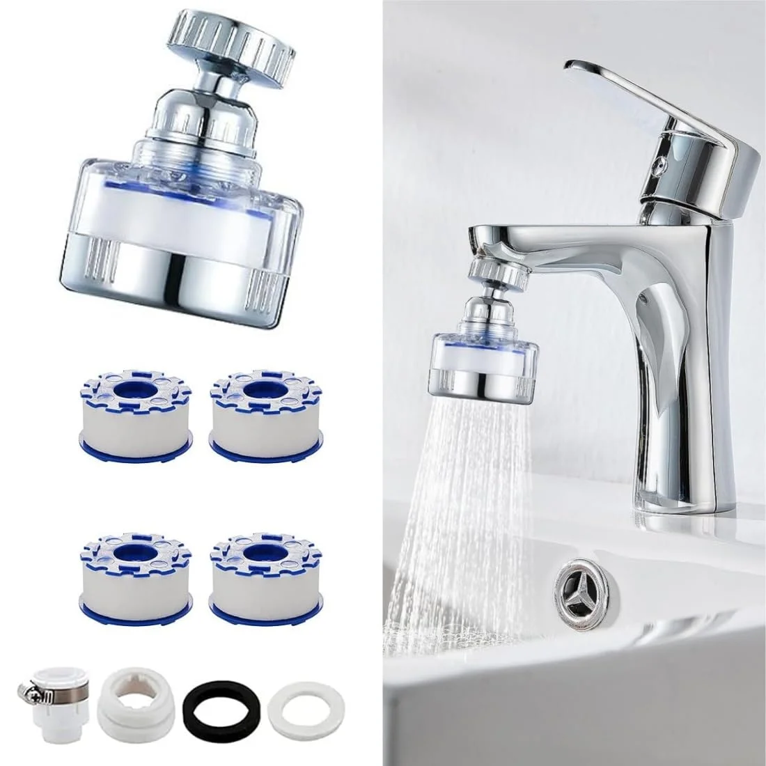 شیر آب فیلتر دار سینک، شیر تصفیه آب آشپزخانه با چرخش 360 درجه، فیلتر شیر آب حمام برای حذف کلر، فلوراید، فلزات سنگین و سختی آب برای خانه، آشپزخانه و حمام