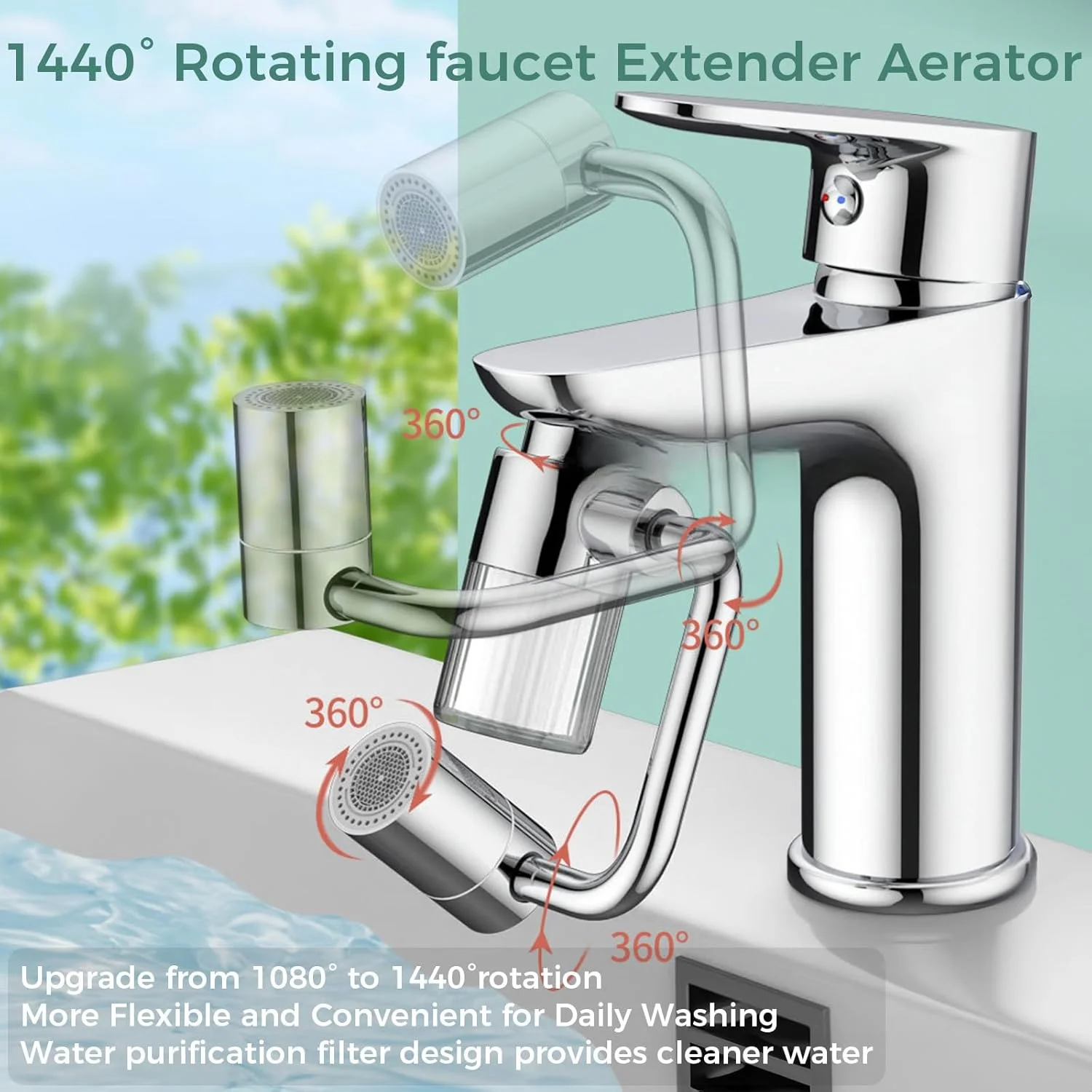 افزایش دهنده چرخان 1440 درجه شیر آب با فیلتر 8 لایه - فیلتر آب قابل مشاهده برای سینک و شیر آشپزخانه، اتصال فیلتر سینک برنجی + ABS، حالت های دوگانه آب، 5 آداپتور جهانی برای خانه های امارات