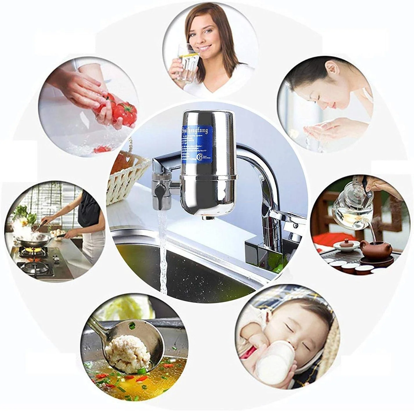 فیلتر آب نصب شیر، برای تصفیه سینک آشپزخانه، استیل ضد زنگ، بدون ترک خوردگی و نشتی