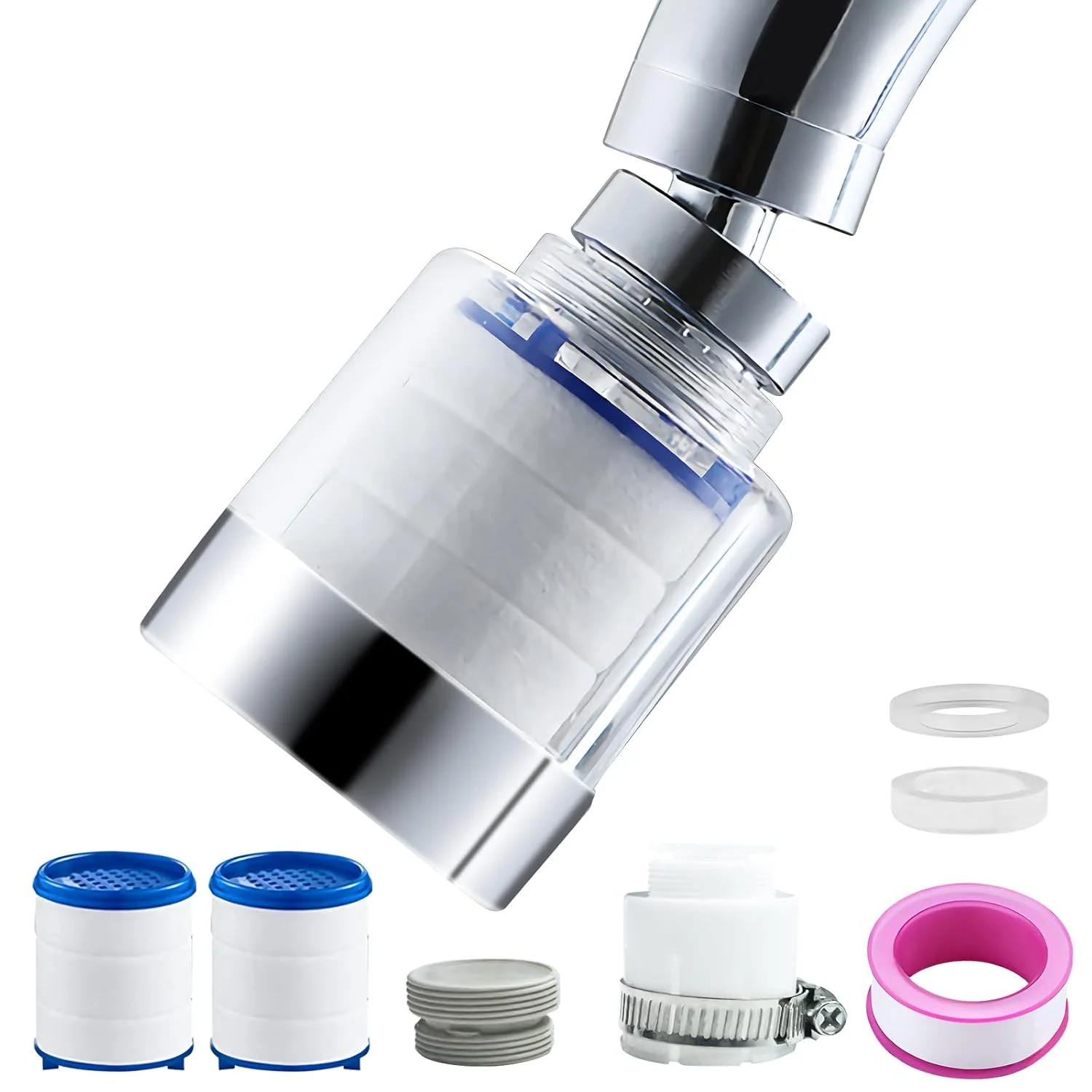 سَری شیر آب تصفیه آب OneNine، شیر آب تصفیه کننده چرخشی 360 درجه با عناصر فیلتر جایگزین، سَری شیر آب تصفیه آب با پوسته شفاف، پخش کننده افزاینده شیر آب برای سینک آشپزخانه