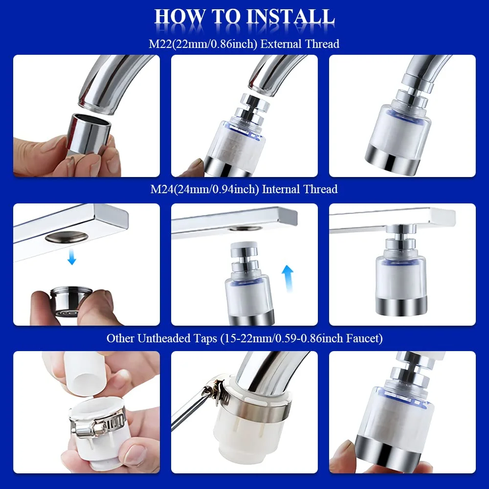 سَری شیر آب تصفیه آب OneNine، شیر آب تصفیه کننده چرخشی 360 درجه با عناصر فیلتر جایگزین، سَری شیر آب تصفیه آب با پوسته شفاف، پخش کننده افزاینده شیر آب برای سینک آشپزخانه