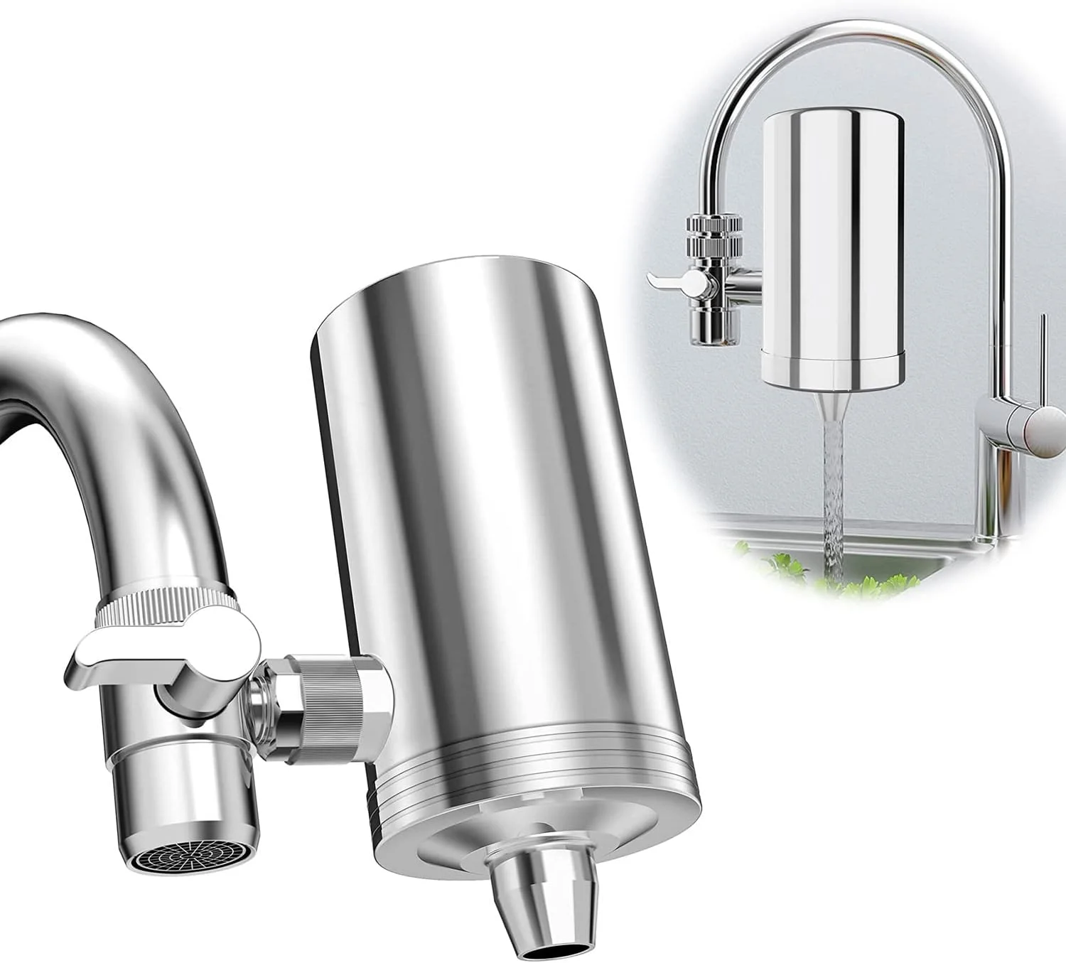 فیلتر آب شیر، تصفیه کننده آب آشپزخانه با ظرفیت 4500 لیتر، سیستم فیلتراسیون آب نصب شده روی شیر از جنس استیل ضد زنگ، حذف کلر، بو و رسوبات، بهبود طعم، فیلتر آب شیر 5 در 1