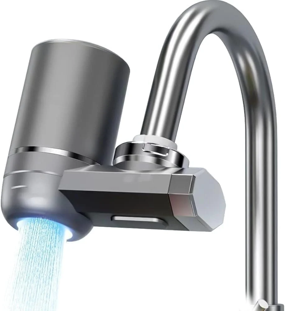 فیلتر آب شیر فنری X، فیلتر سینک استیل ضد زنگ با نور آبی فرابنفش، فیلتر آب شیر پیشرفته ضد نشت برای آشپزخانه، حذف بیش از 60 آلاینده