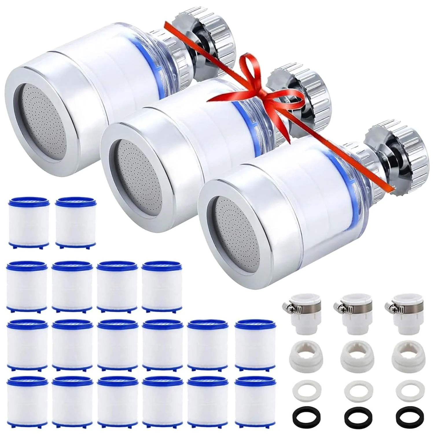 فیلتر آب شیر سینک، فیلترهای شیر یونیورسال چرخان 360 درجه، تصفیه کننده شیر آشپزخانه، سیستم فیلتراسیون قوی حذف کننده کلر، تصفیه کننده آب برای شیر حمام خانگی (3 عدد + 18 کارتریج فیلتر)