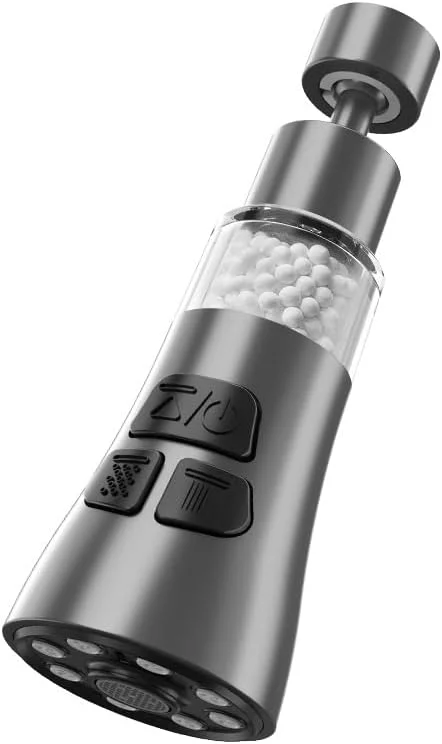 شیر آب فیلتر دار سینک - مجموعه فیلتر شیر آب چرخشی 360 درجه، تصفیه کننده با 3 حالت اسپری برای حذف فلزات سنگین و آب سخت برای آشپزخانه، حمام و توالت منزل (خاکستری)