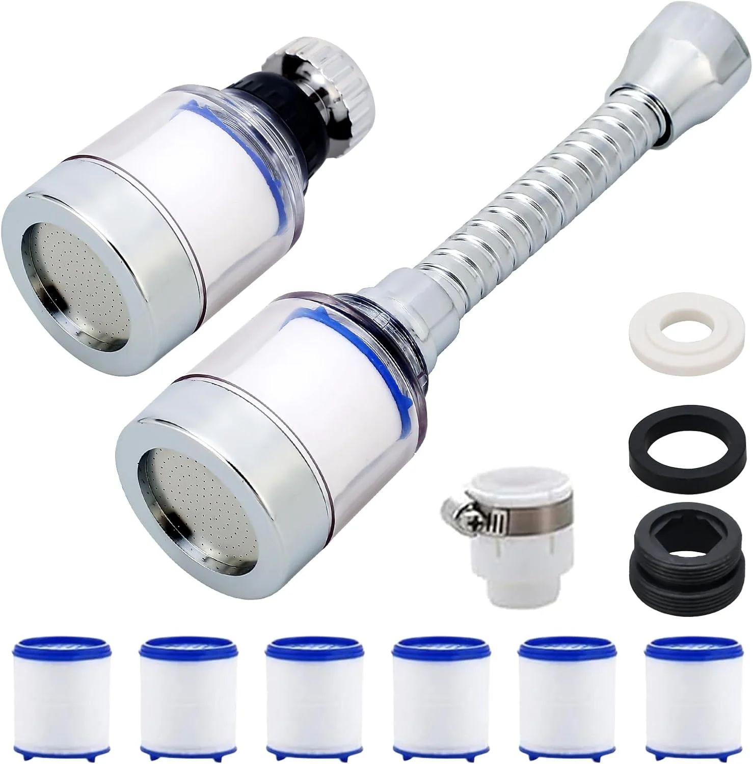 فیلتر شیر آب 2 عددی، فیلتر آب برای سینک ظرفشویی، ست شیر آب چرخشی 360 درجه جهانی، فیلتراسیون حذف کننده کلر، فلوراید و فلزات سنگین برای خانه و آشپزخانه (بلند * 1، کوتاه * 1، 6 کارتریج فیلتر)
