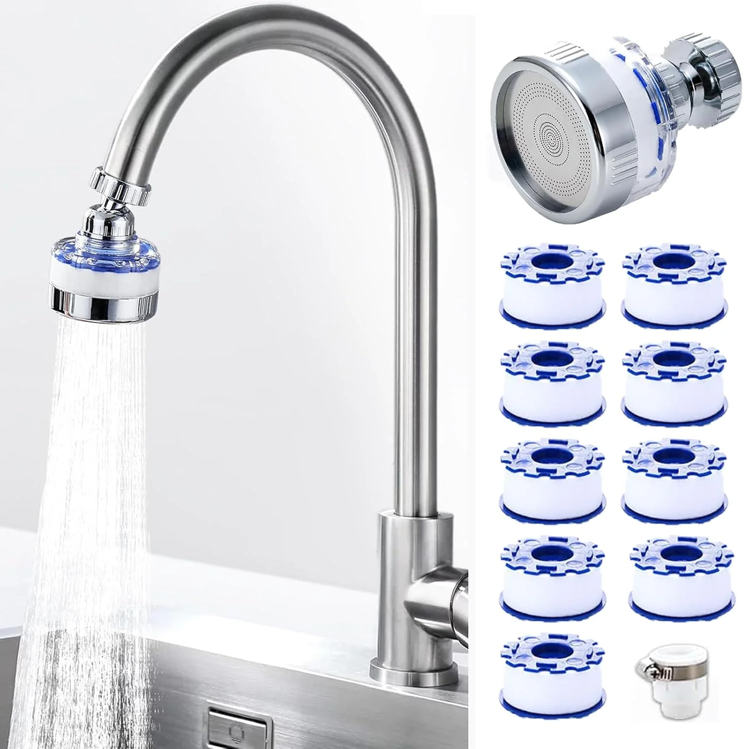 ست فیلتر آب شیر، فیلتر شیر سینک یونیورسال با قابلیت چرخش 360 درجه، فیلتر آب شیر برای حذف فلوراید و سختی آب، فیلتر آب شیر برای سینک آشپزخانه و حمام منزل