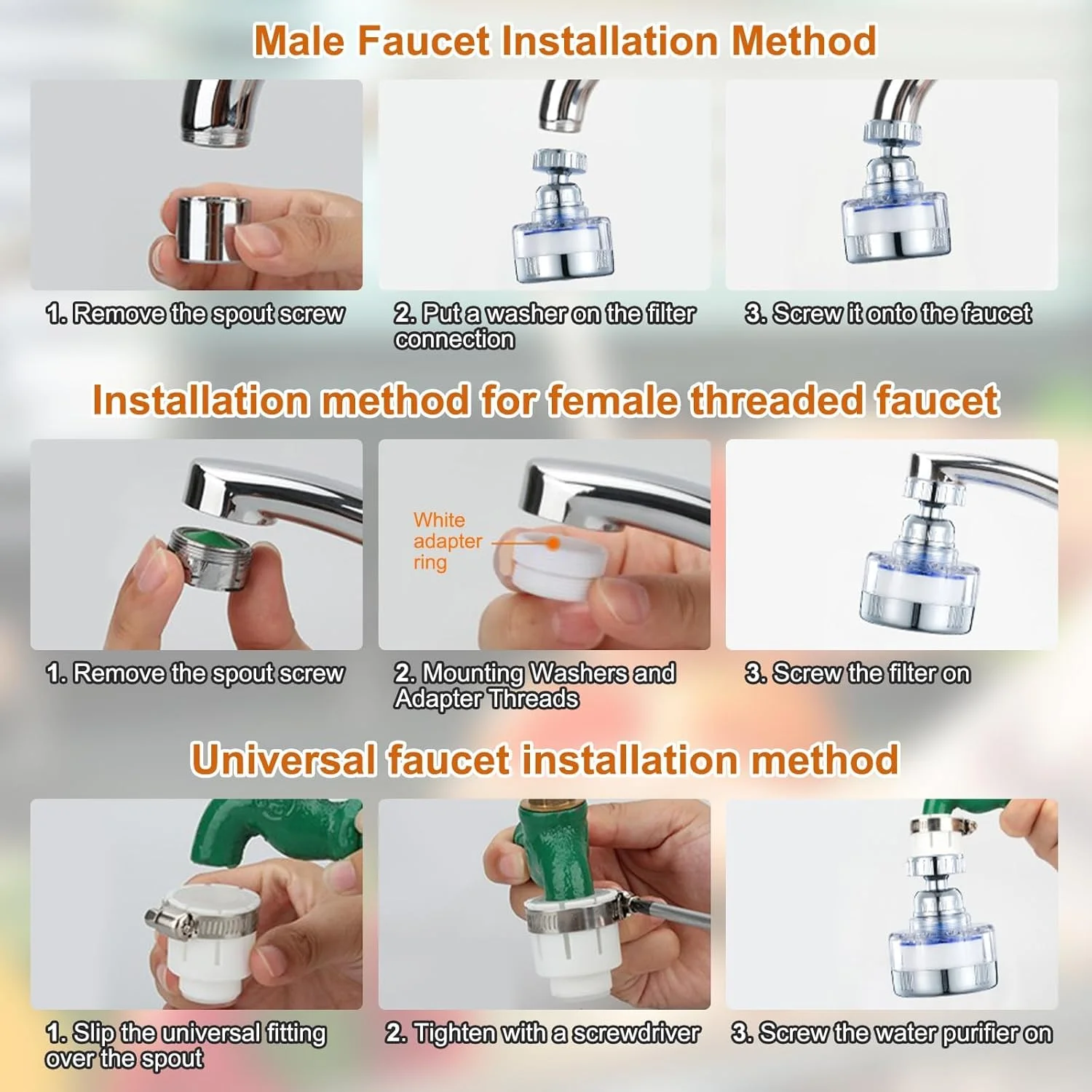 ست فیلتر آب شیر، فیلتر شیر سینک یونیورسال با قابلیت چرخش 360 درجه، فیلتر آب شیر برای حذف فلوراید و سختی آب، فیلتر آب شیر برای سینک آشپزخانه و حمام منزل ست فیلتر آب شیر، فیلتر شیر سینک یونیورسال با قابلیت چرخش 360 درجه، فیلتر آب شیر برای حذف فلوراید و سختی آب، فیلتر آب شیر برای سینک آشپزخانه و حمام منزل