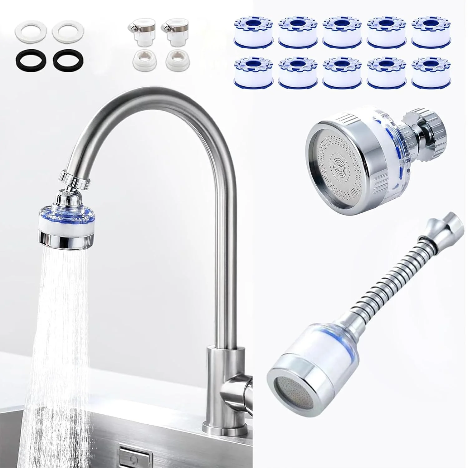 16 عدد فیلتر آب شیر ظرفشویی، شیرآلات آشپزخانه چرخشی 360 درجه جهانی، تصفیه کننده سینک حمام، حذف کلر و فلزات سنگین، فیلتراسیون آب سخت