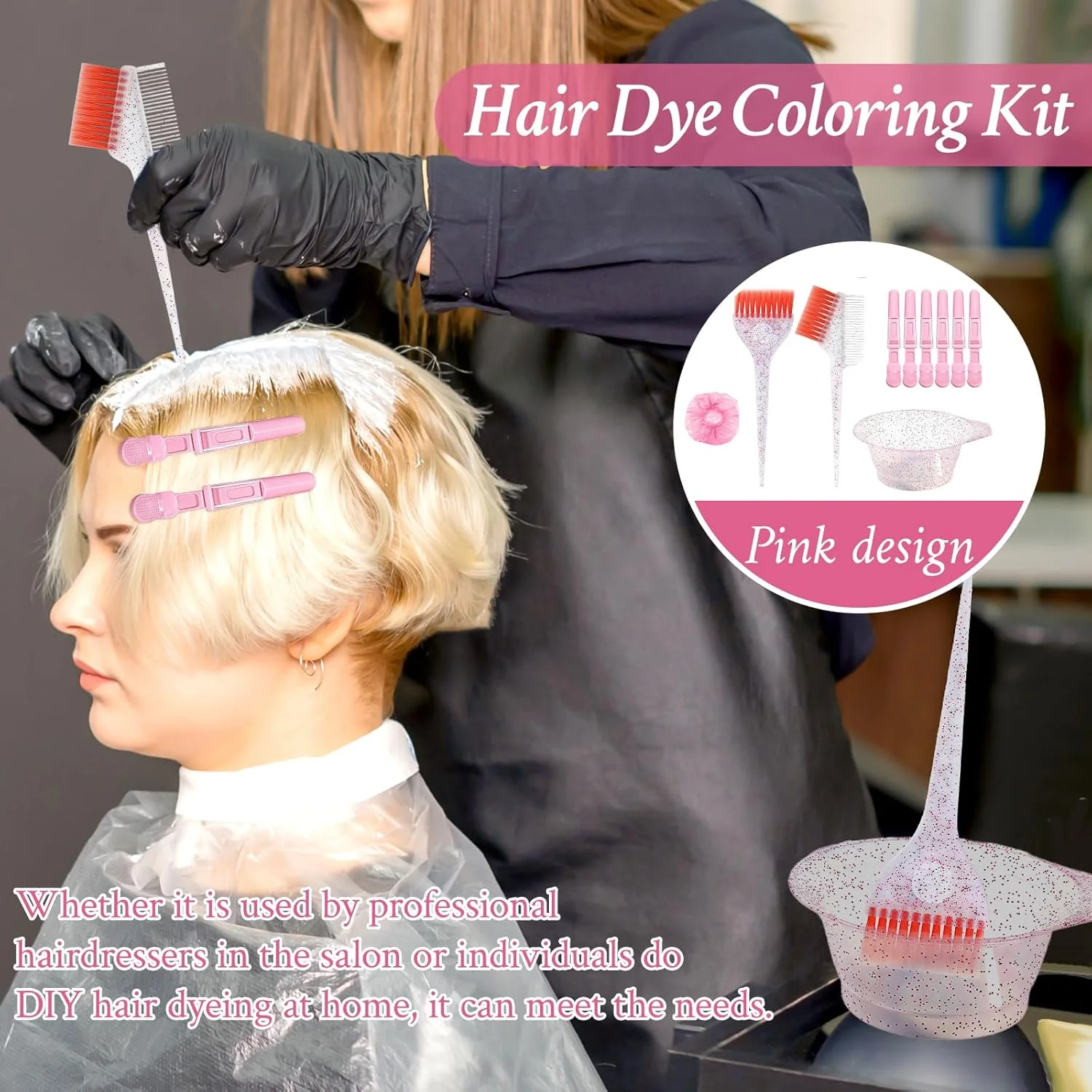ست رنگ مو 5 تکه، مجموعه ابزار رنگ مو شامل کاسه ترکیب رنگ، برس رنگ، شانه رنگ، گیره مو، کلاه رنگ مو، استفاده آسان برای رنگ کردن حرفه ای مو، روشن کردن، DIY، ابزار سالن (صورتی)