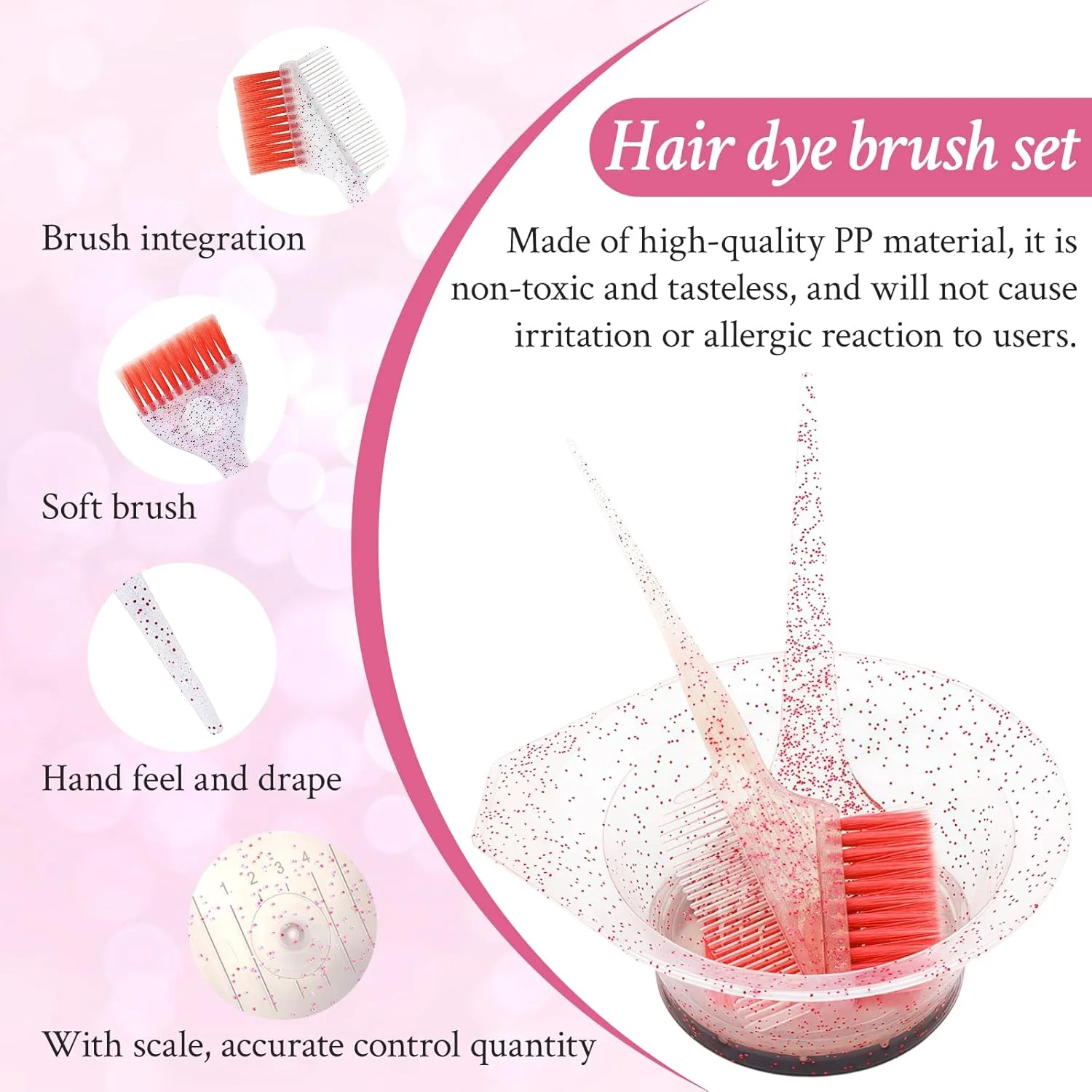 ست رنگ مو 5 تکه، مجموعه ابزار رنگ مو شامل کاسه ترکیب رنگ، برس رنگ، شانه رنگ، گیره مو، کلاه رنگ مو، استفاده آسان برای رنگ کردن حرفه ای مو، روشن کردن، DIY، ابزار سالن (صورتی)
