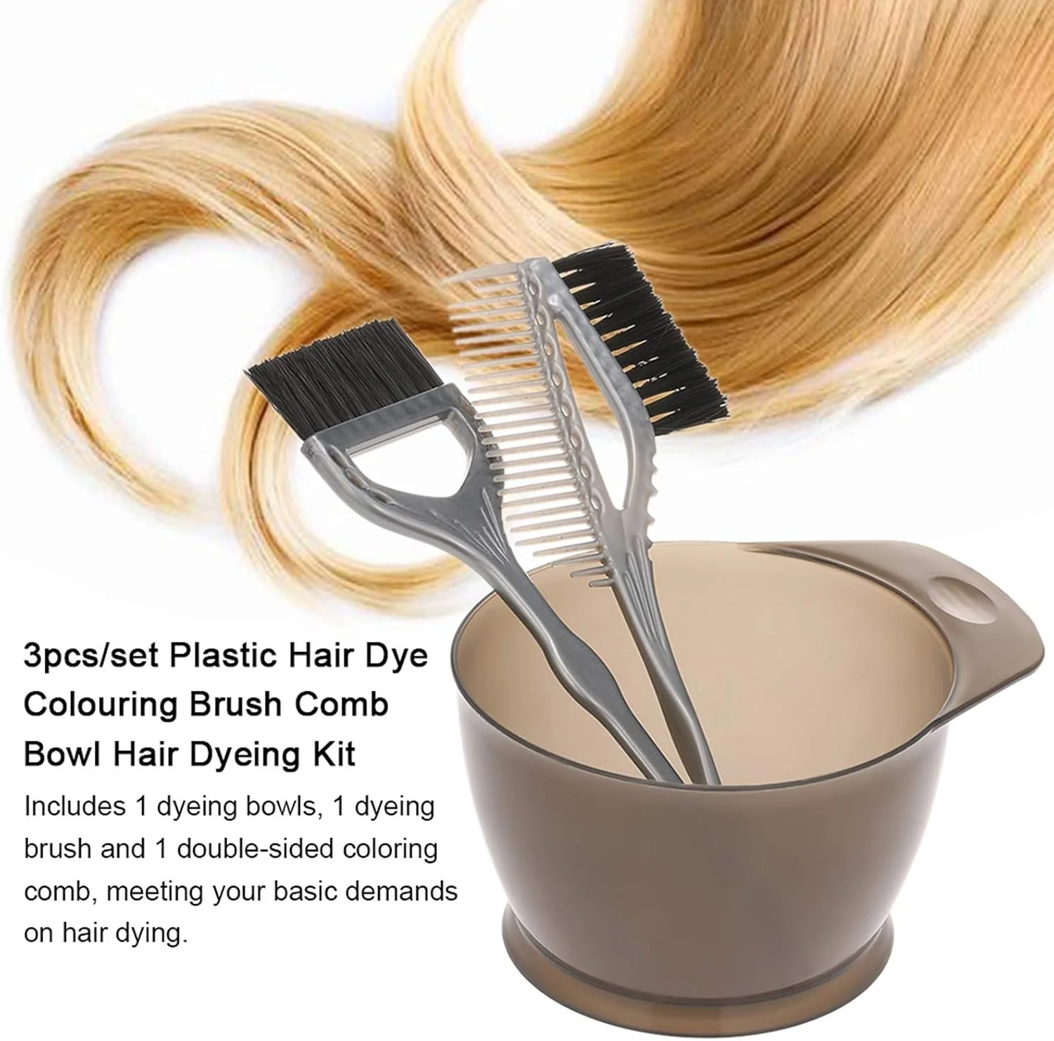 ست 3 تکه رنگ مو پلاستیکی شامل برس رنگ، شانه و کاسه رنگ برای استفاده در سالن و منزل ست 3 تکه رنگ مو پلاستیکی شامل برس رنگ، شانه و کاسه رنگ برای استفاده در سالن و منزل